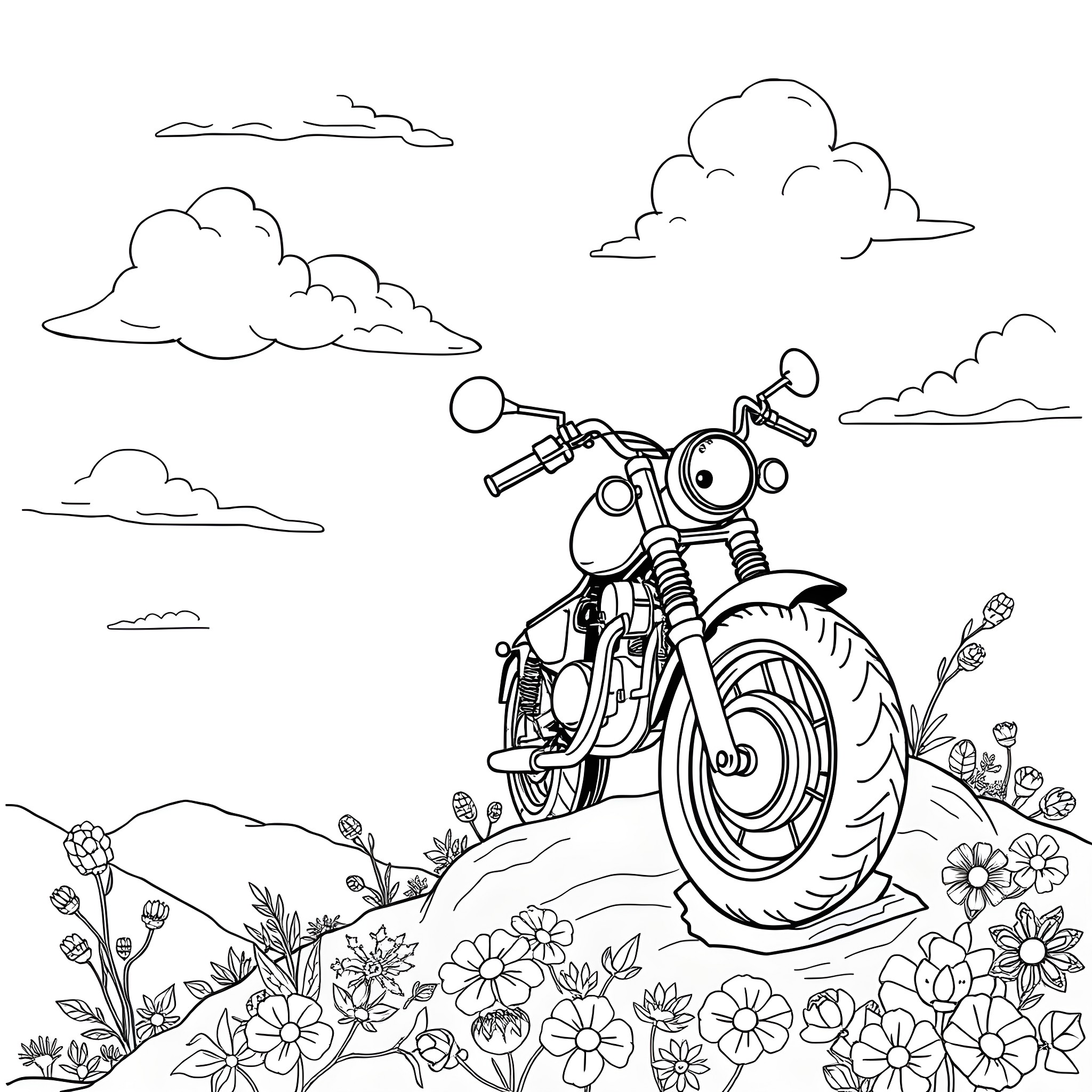 Motorcycle riding through a floral landscape Coloring Page (free black-and-white line drawing printable PDF for all, from beginners to advanced learners, including children, teens, adults, and seniors)