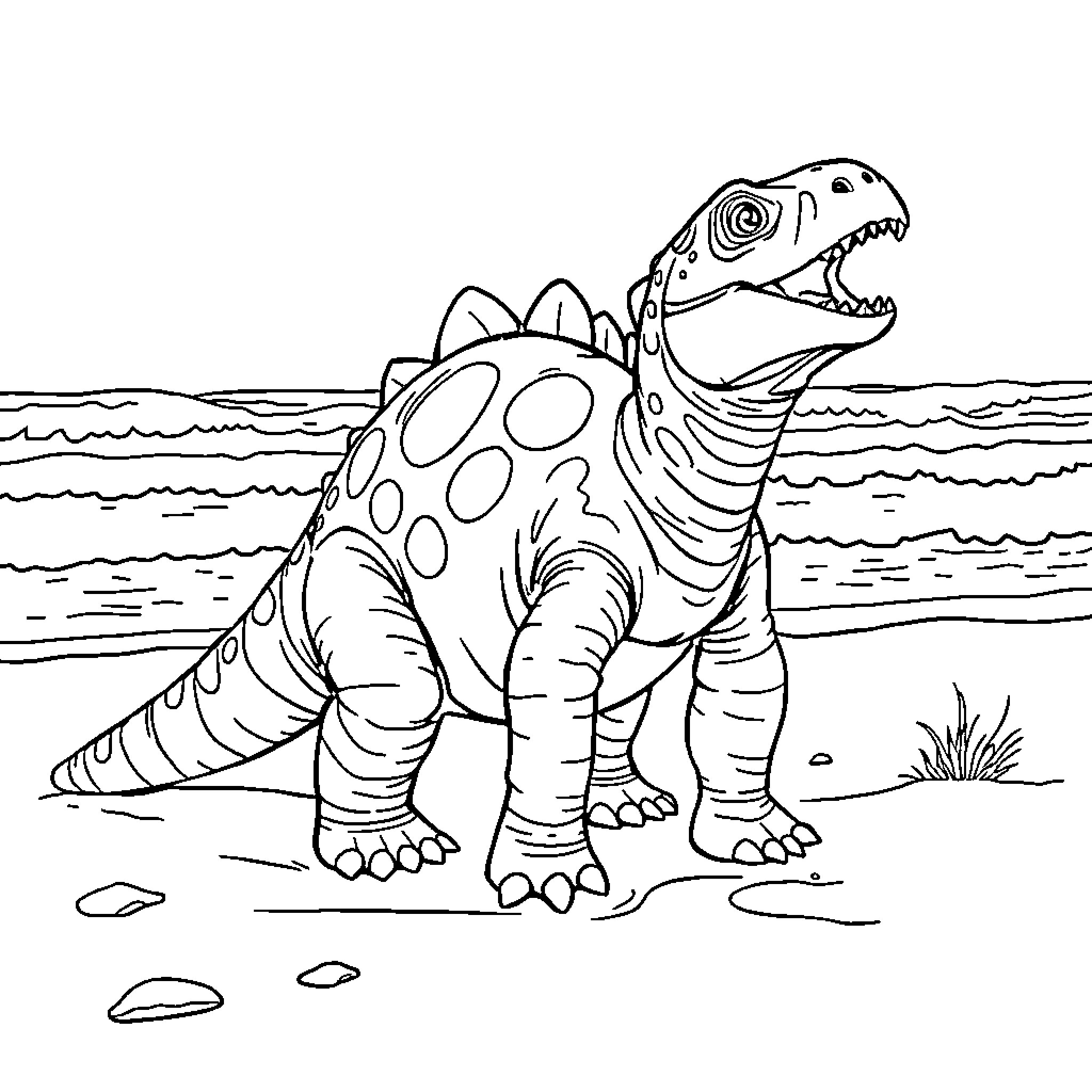 Ankylosaur exploring the prehistoric beach Coloring Page (free black-and-white line drawing printable PDF for all, from beginners to advanced learners, including children, teens, adults, and seniors)