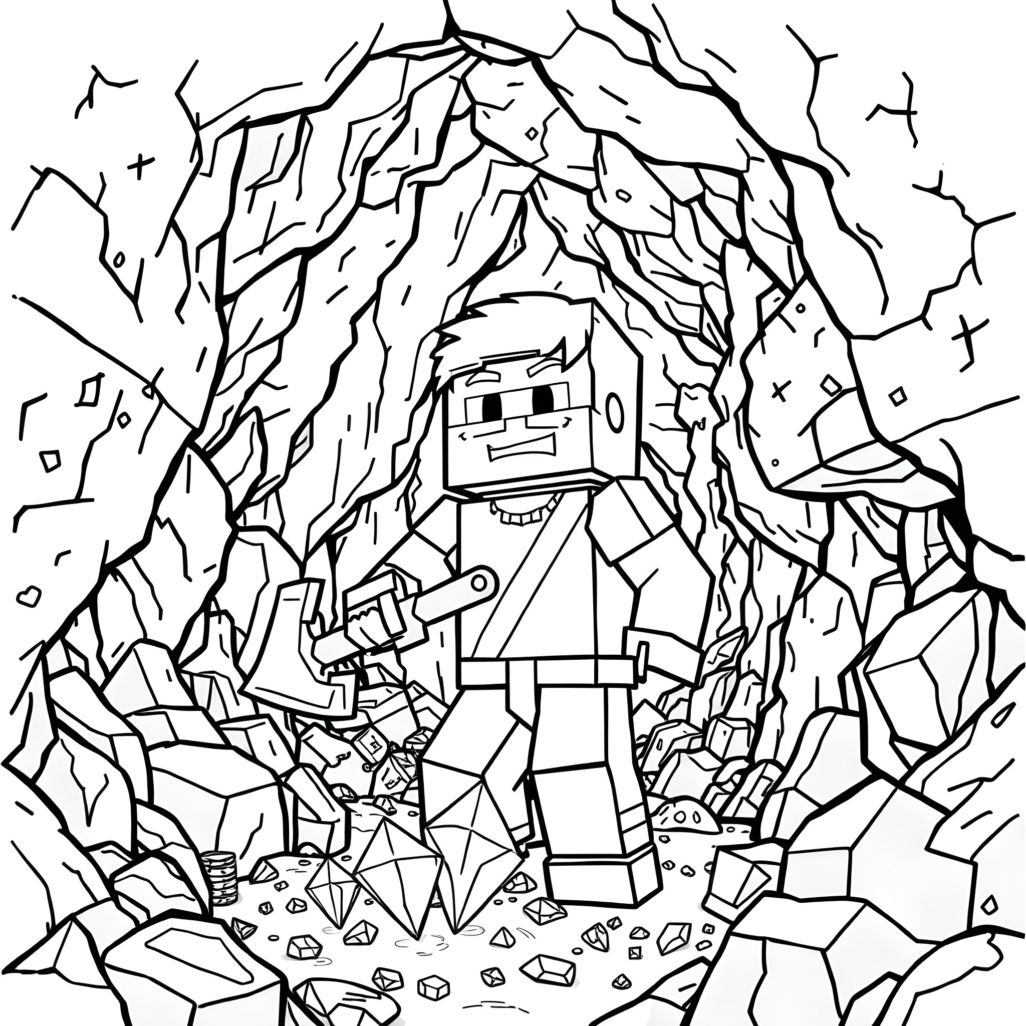 Steve's Perilous Adventure Through the Treacherous Cavern Coloring Page (free black-and-white line drawing printable PDF for all, from beginners to advanced learners, including children, teens, adults, and seniors)
