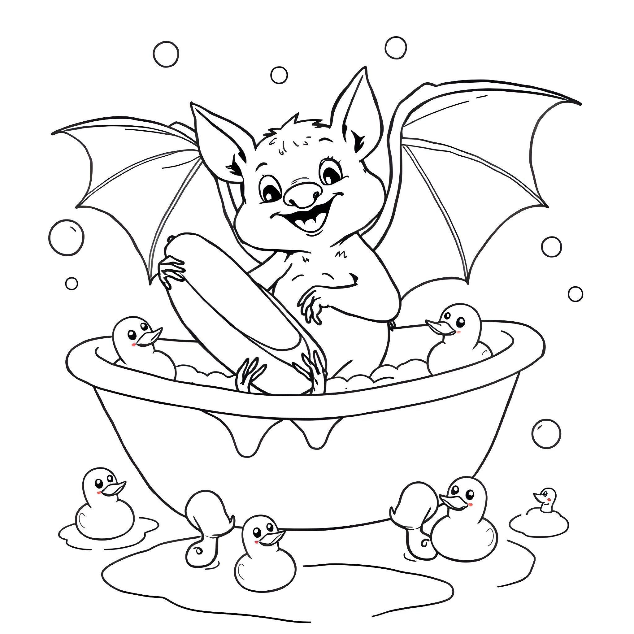 Bat enjoying a relaxing bath with ducklings Coloring Page (free black-and-white line drawing printable PDF for all, from beginners to advanced learners, including children, teens, adults, and seniors)