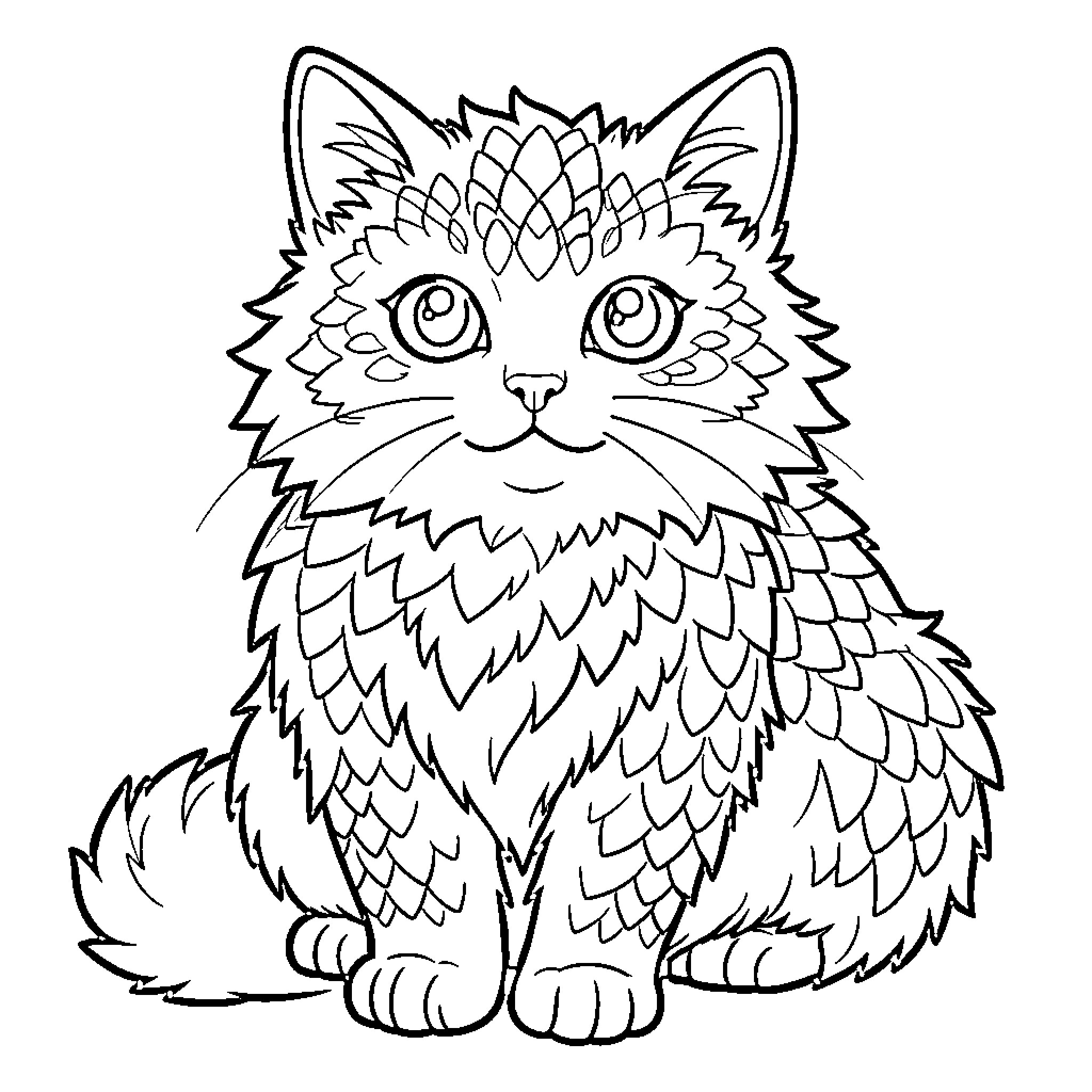 Dragon Cat with Intricate Patterned Fur Coloring Page (free black-and-white line drawing printable PDF for all, from beginners to advanced learners, including children, teens, adults, and seniors)