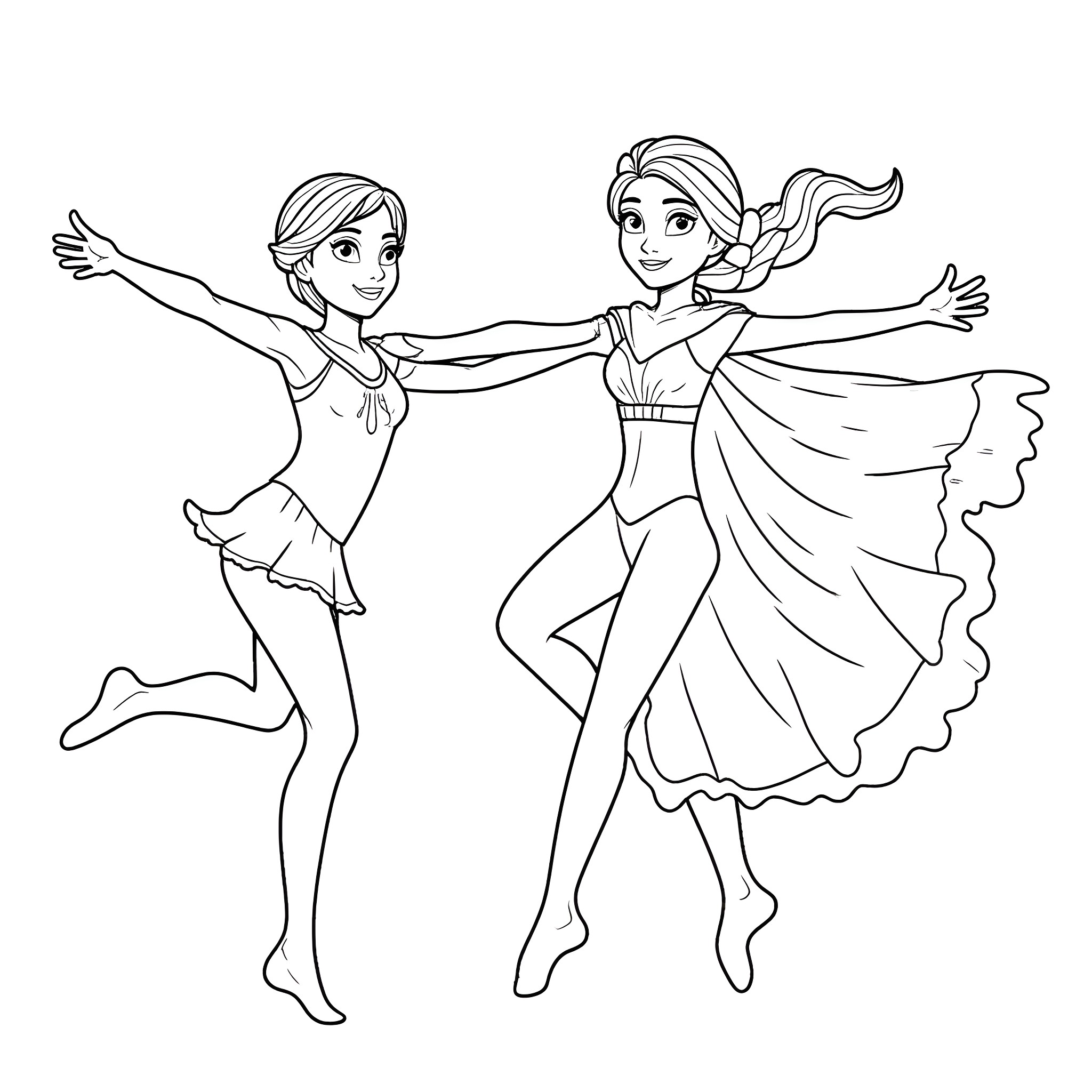 Elsa and Anna dancing together in joy Coloring Page (free black-and-white line drawing printable PDF for all, from beginners to advanced learners, including children, teens, adults, and seniors)