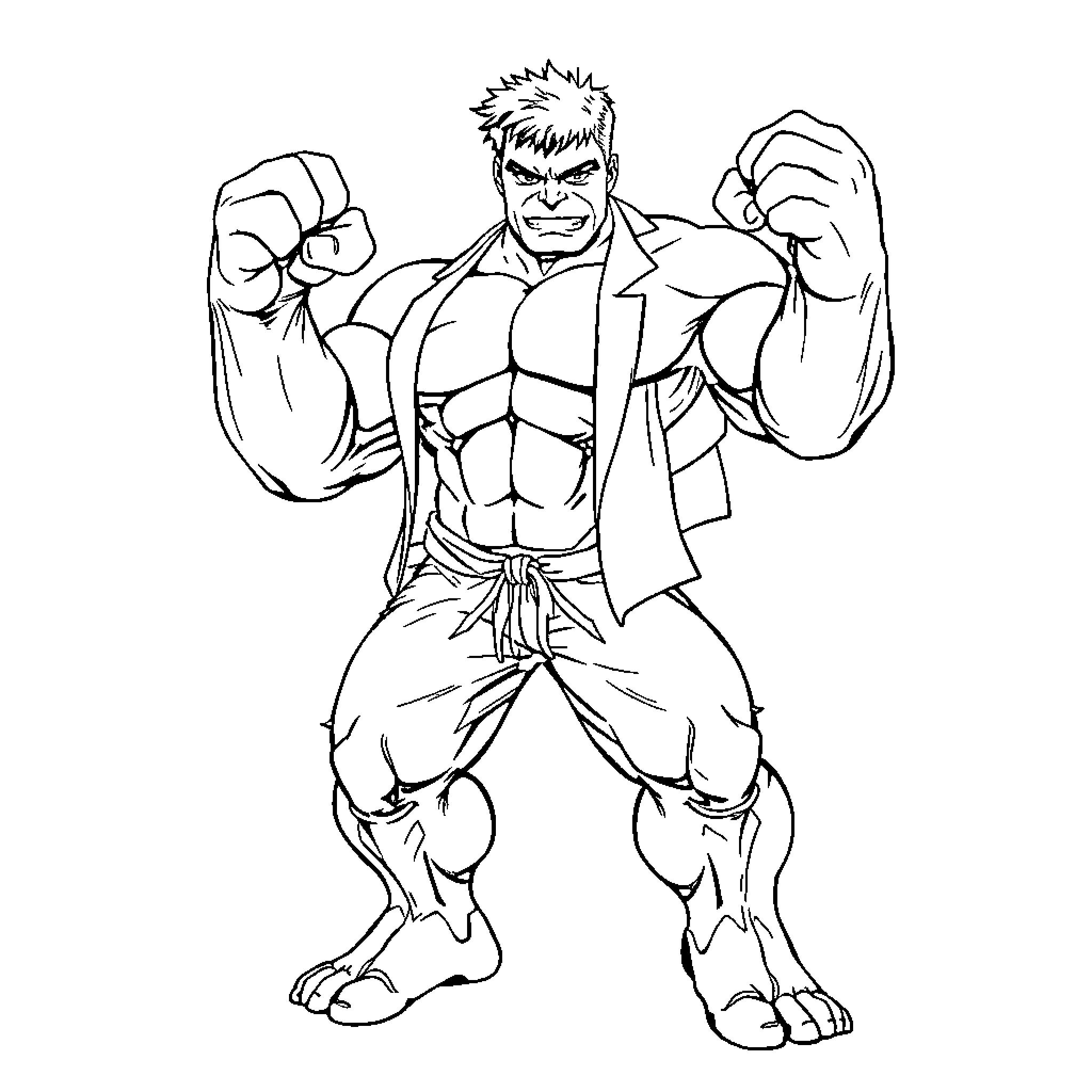 Hulk Flexing His Muscles in Fierce Pose Coloring Page (free black-and-white line drawing printable PDF for all, from beginners to advanced learners, including children, teens, adults, and seniors)