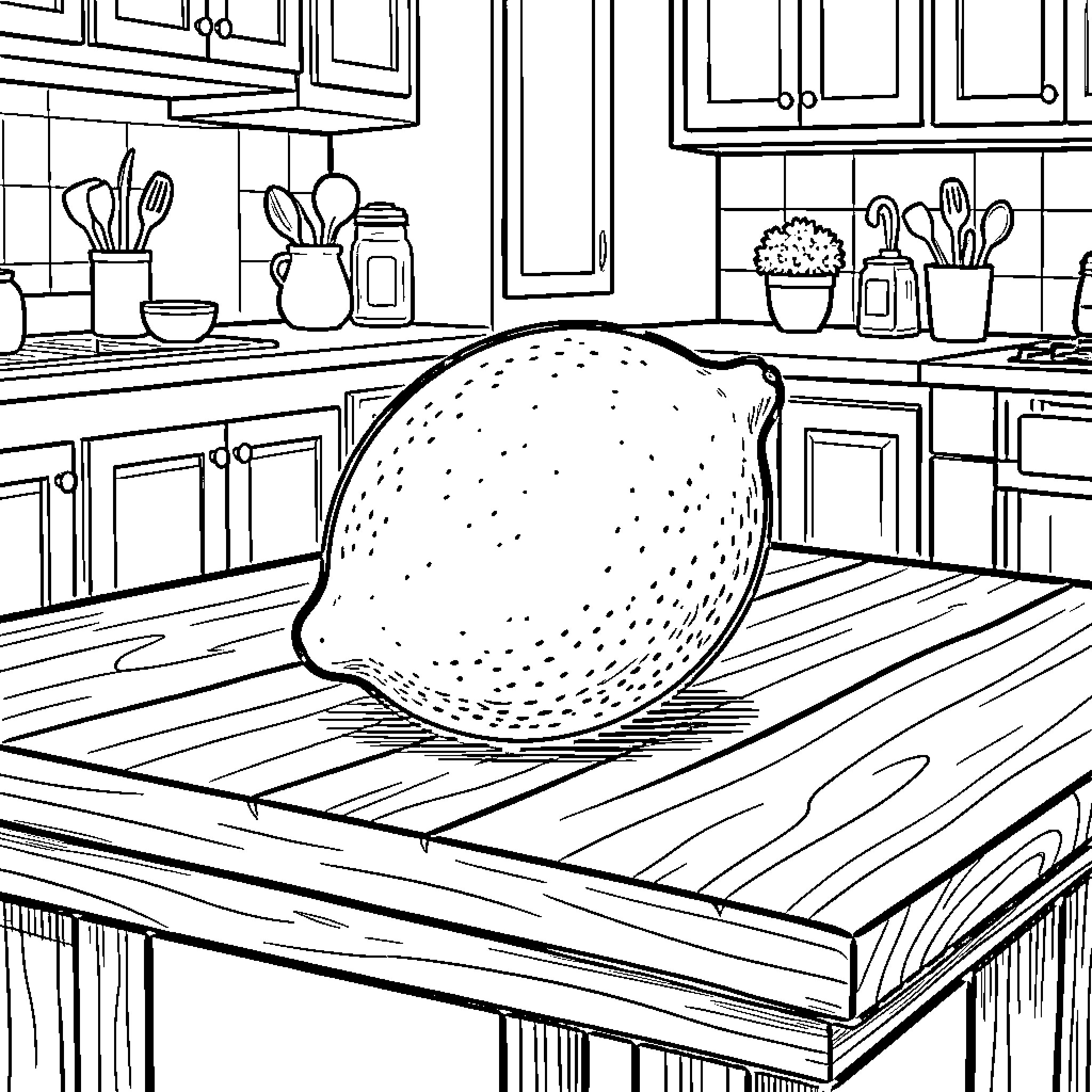 Lemon resting on a wooden kitchen table Coloring Page (free black-and-white line drawing printable PDF for all, from beginners to advanced learners, including children, teens, adults, and seniors)