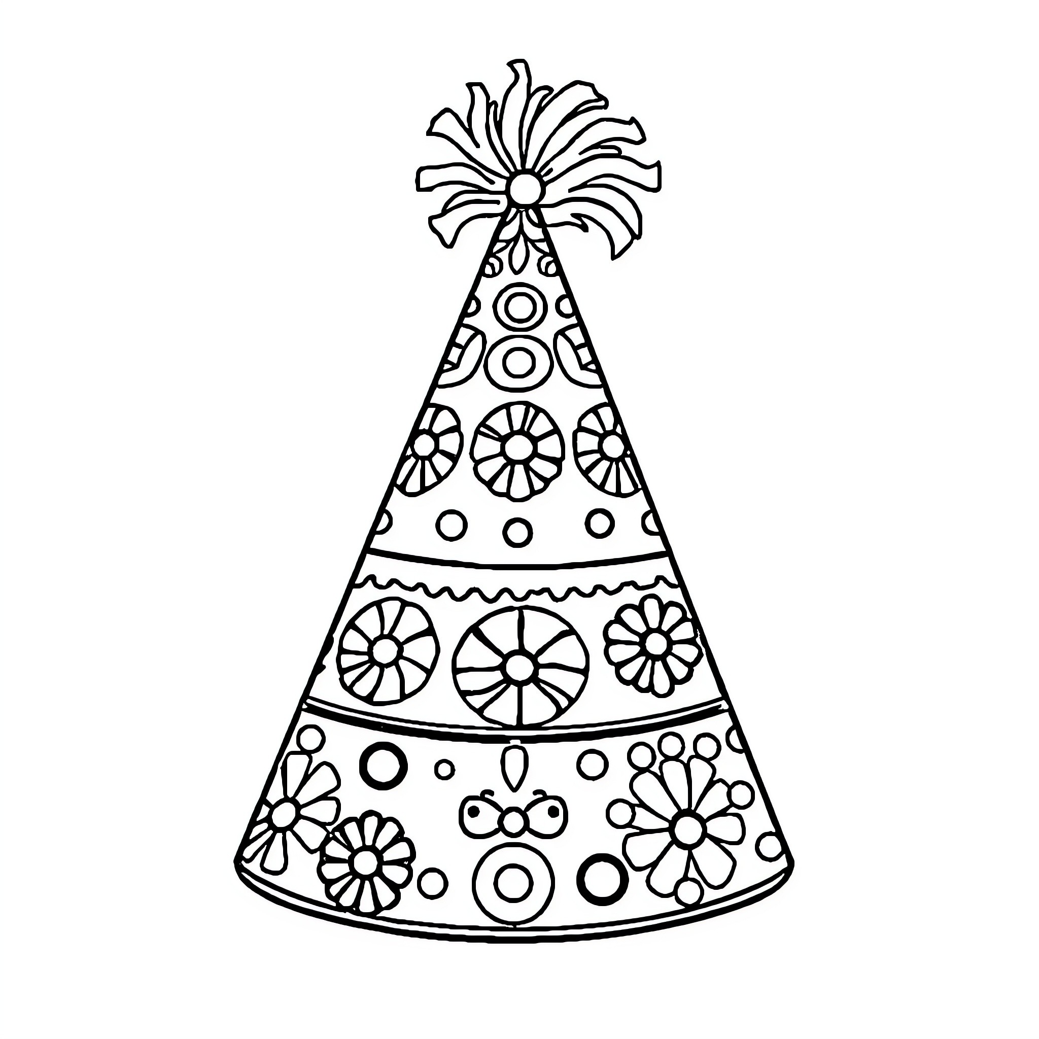Birthday Hat with Floral Patterns Coloring Page (free black-and-white line drawing printable PDF for all, from beginners to advanced learners, including children, teens, adults, and seniors)