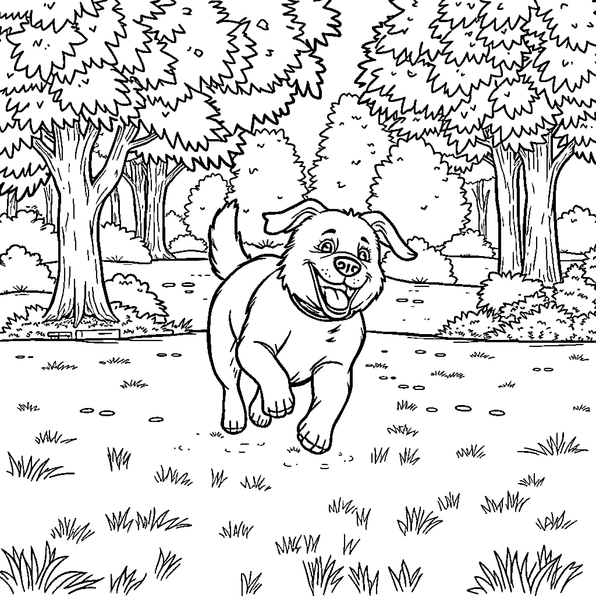 Dog frolicking happily in a forest Coloring Page (free black-and-white line drawing printable PDF for all, from beginners to advanced learners, including children, teens, adults, and seniors)