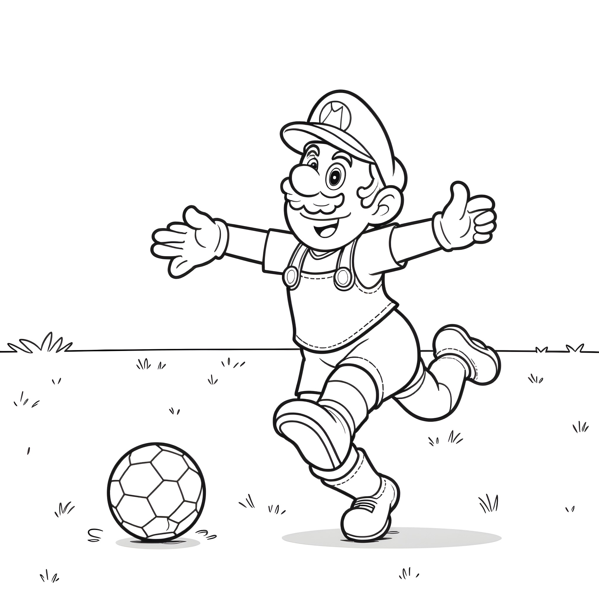 Mario playing soccer on the field Coloring Page (free black-and-white line drawing printable PDF for all, from beginners to advanced learners, including children, teens, adults, and seniors)