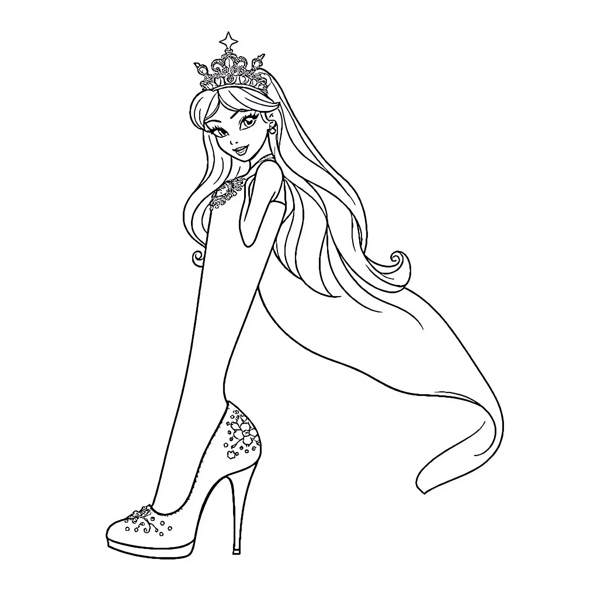 Princess in Elegant Gown and Crown Coloring Page (free black-and-white line drawing printable PDF for all, from beginners to advanced learners, including children, teens, adults, and seniors)