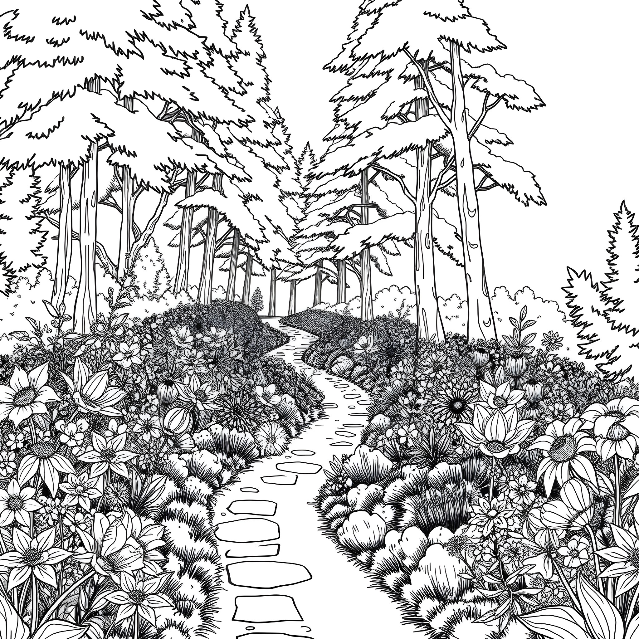 Flower-filled forest path with lush greenery Coloring Page (free black-and-white line drawing printable PDF for all, from beginners to advanced learners, including children, teens, adults, and seniors)