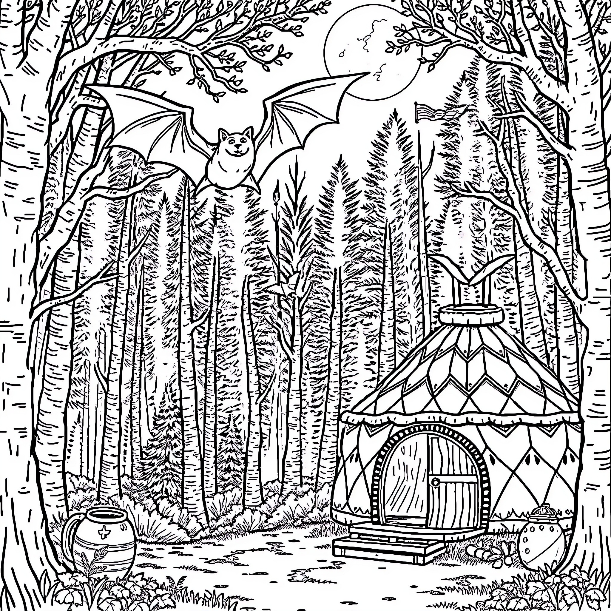 Bat flying over enchanted forest with fantasy hut Coloring Page (free black-and-white line drawing printable PDF for all, from beginners to advanced learners, including children, teens, adults, and seniors)