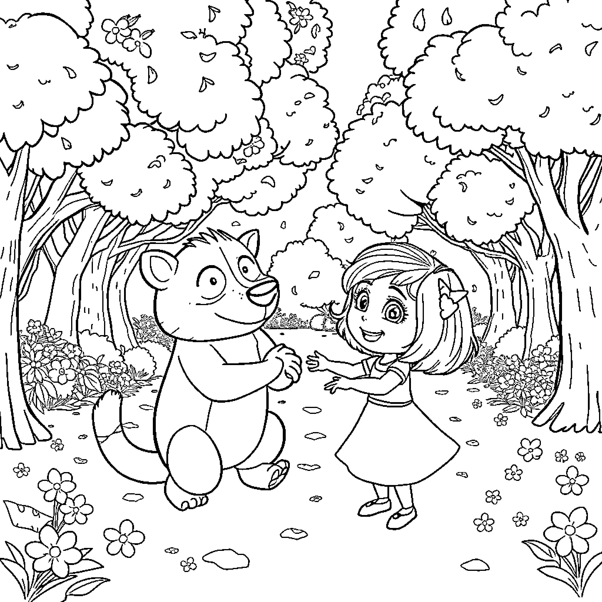 Masha and Bear exploring the enchanted forest Coloring Page (free black-and-white line drawing printable PDF for all, from beginners to advanced learners, including children, teens, adults, and seniors)