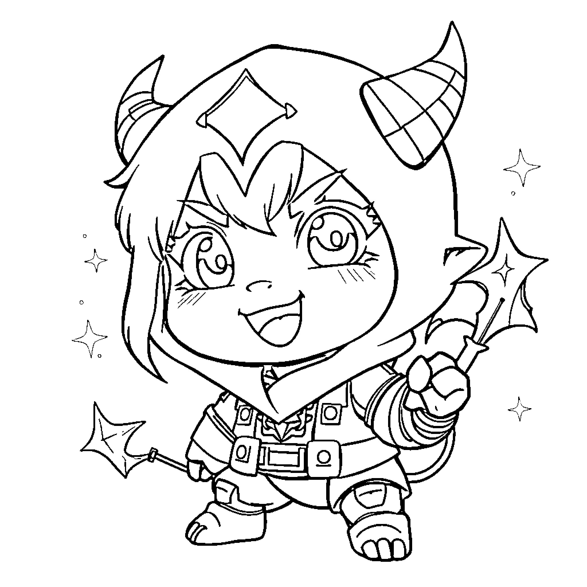 Baby Saja playing with magical stars and wand Coloring Page (free black-and-white line drawing printable PDF for all, from beginners to advanced learners, including children, teens, adults, and seniors)