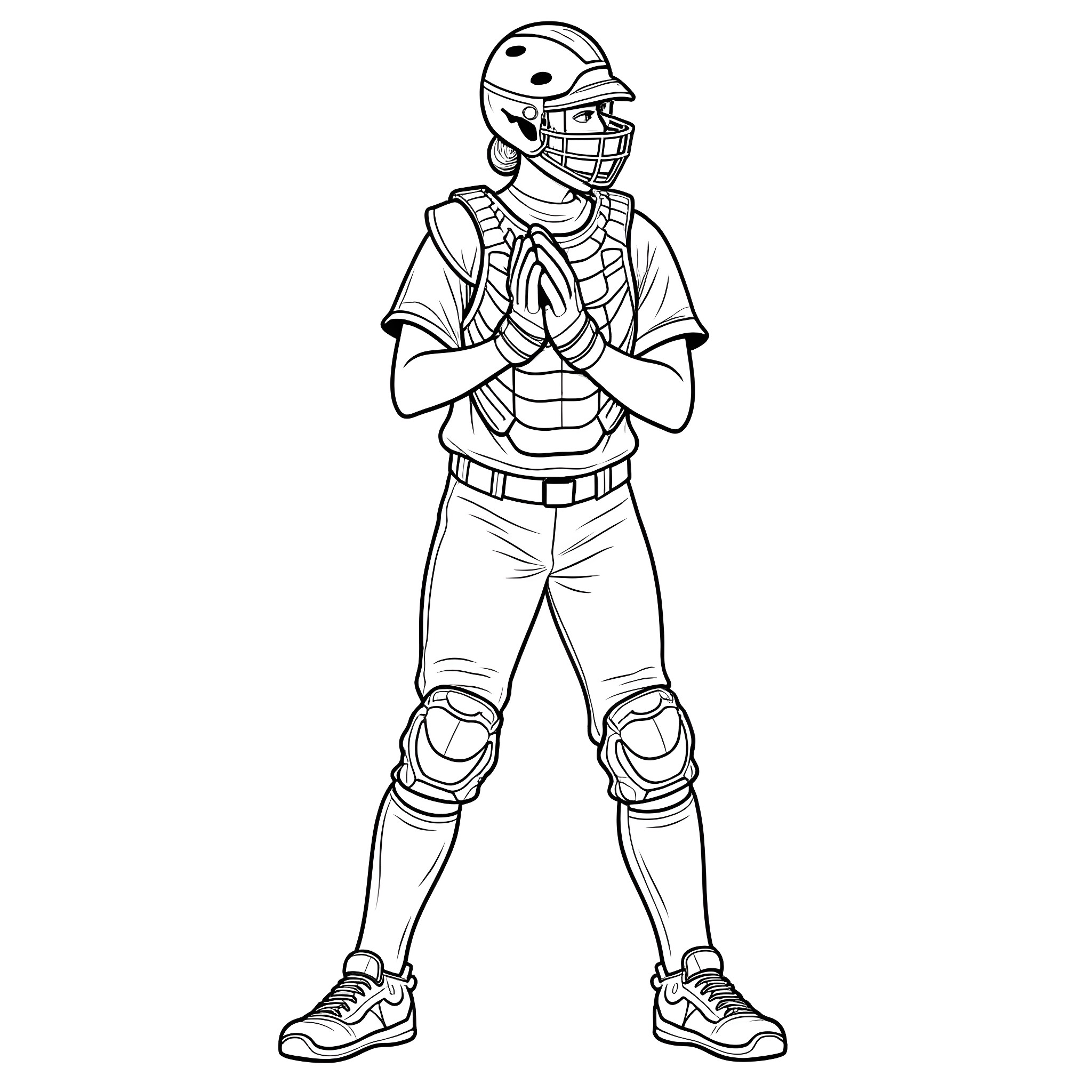 Softball player in uniform ready to play Coloring Page (free black-and-white line drawing printable PDF for all, from beginners to advanced learners, including children, teens, adults, and seniors)