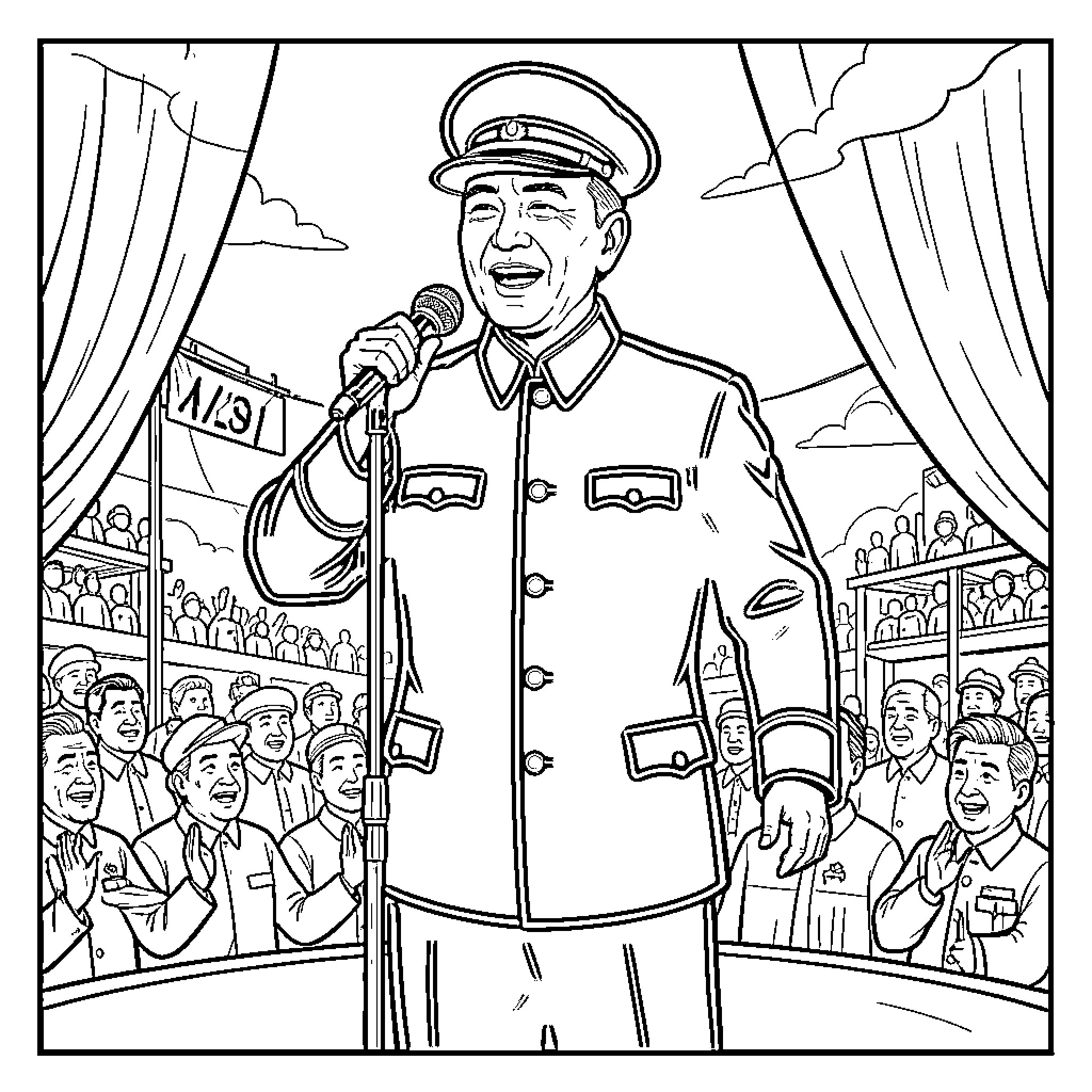 Mel Tormé performing for cheering audience in military uniform Coloring Page (free black-and-white line drawing printable PDF for all, from beginners to advanced learners, including children, teens, adults, and seniors)