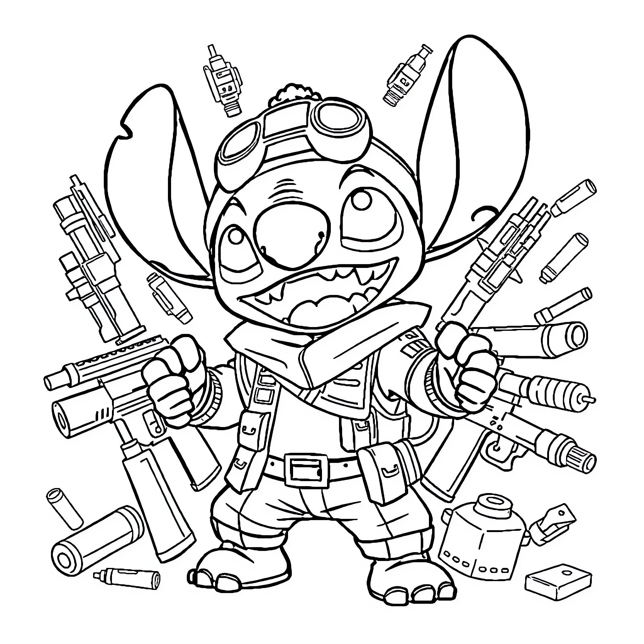 Stitch Equipped with Weapons and Gadgets Coloring Page (free black-and-white line drawing printable PDF for all, from beginners to advanced learners, including children, teens, adults, and seniors)