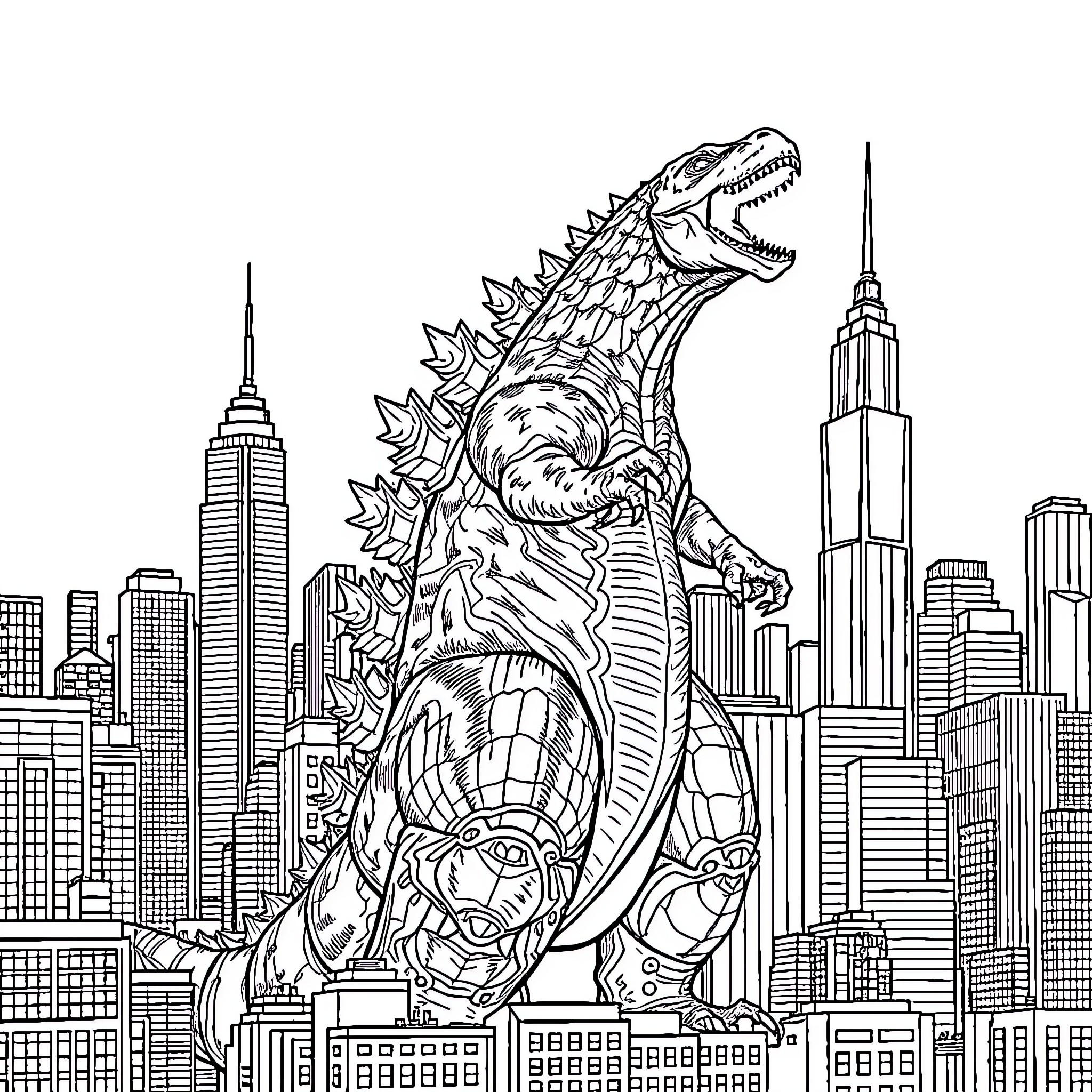 Godzilla Rampaging Through the City Skyline Coloring Page (free black-and-white line drawing printable PDF for all, from beginners to advanced learners, including children, teens, adults, and seniors)