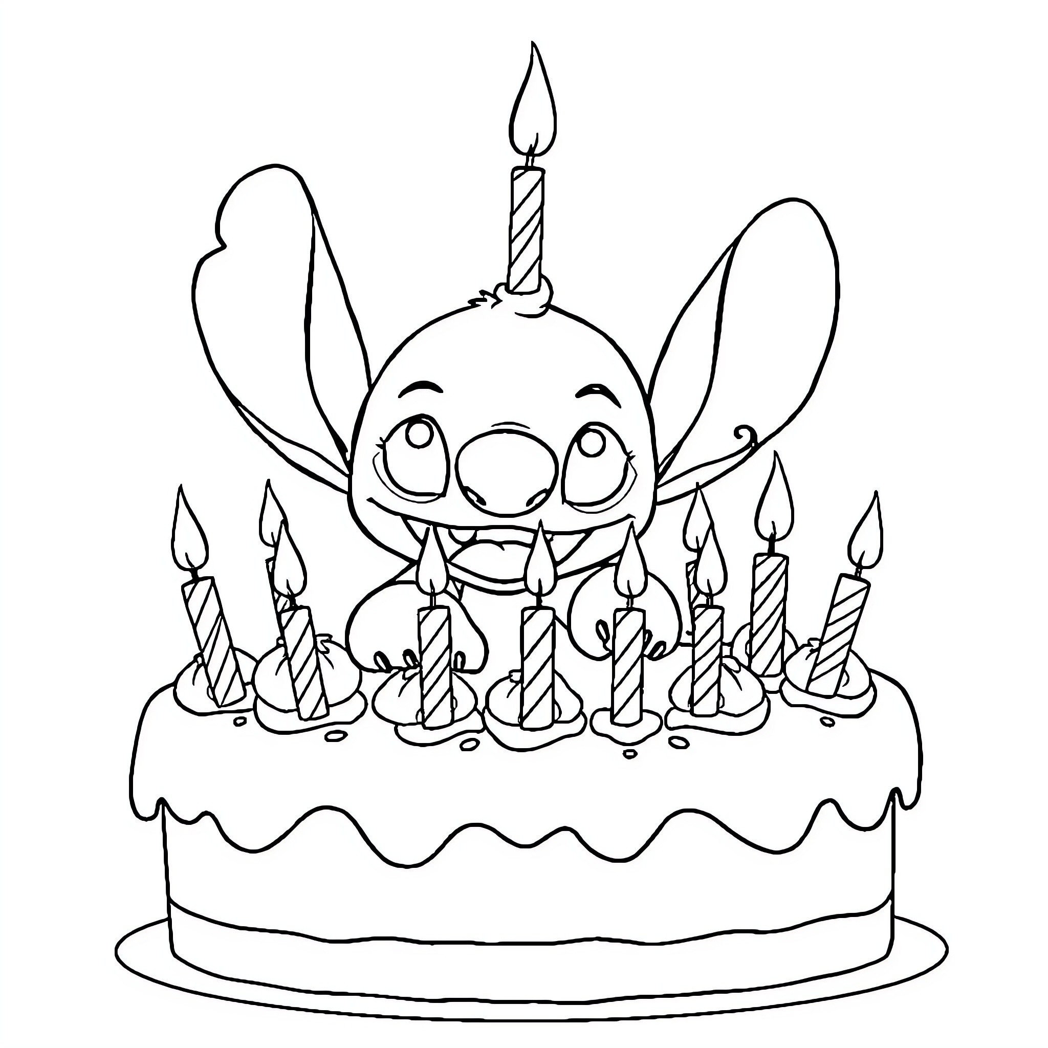 Stitch celebrating with a birthday cake and candles Coloring Page (free black-and-white line drawing printable PDF for all, from beginners to advanced learners, including children, teens, adults, and seniors)