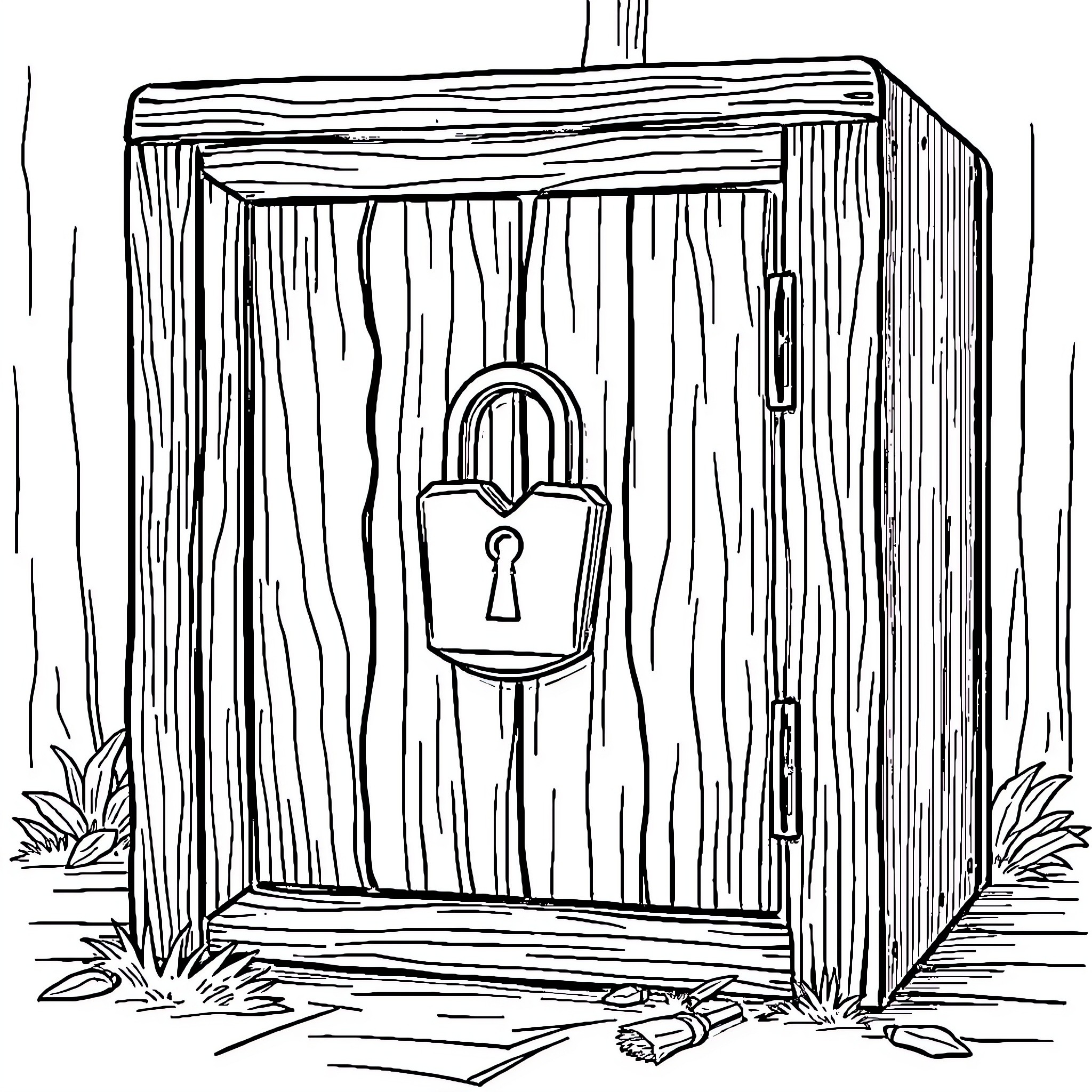 Chest with locked padlock in forest Coloring Page (free black-and-white line drawing printable PDF for all, from beginners to advanced learners, including children, teens, adults, and seniors)