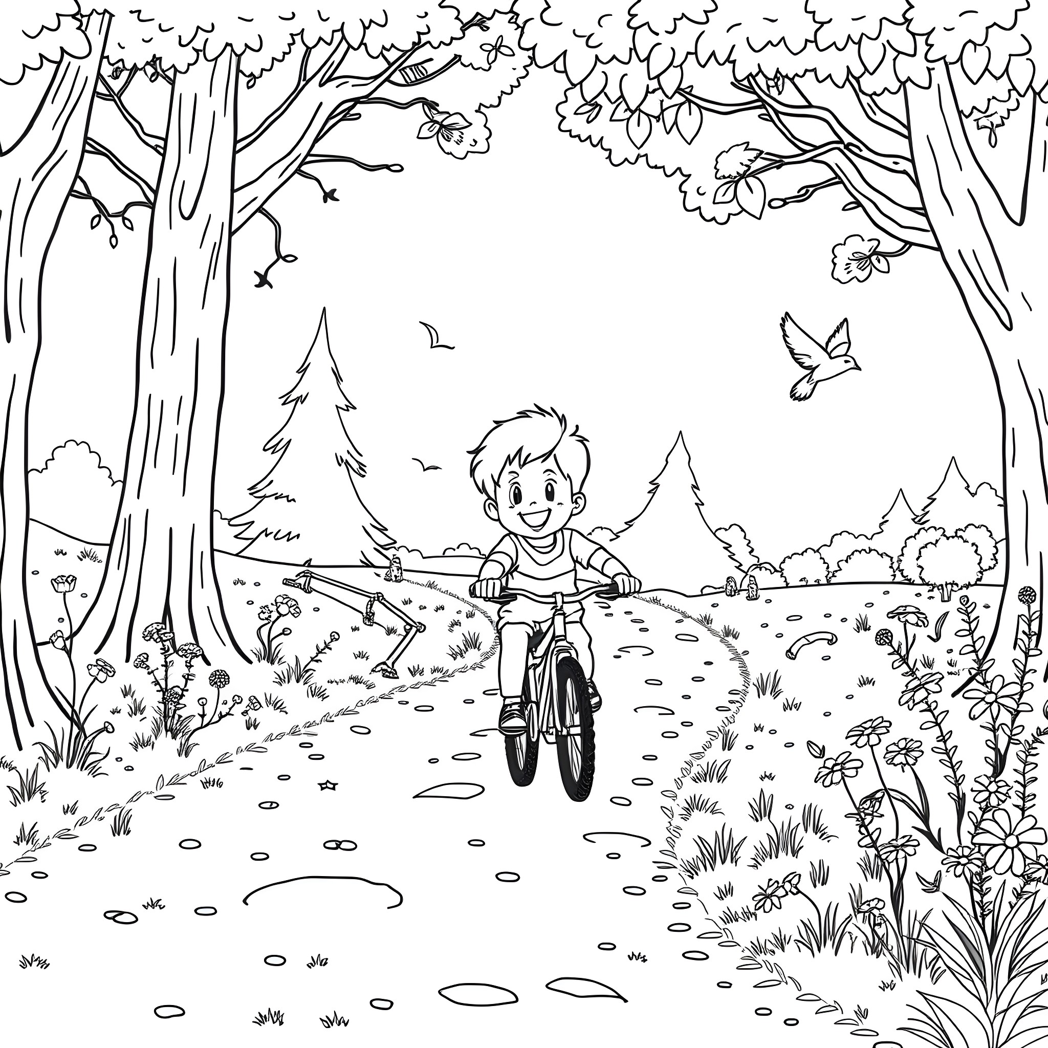 Kid riding bike happily in a forest Coloring Page (free black-and-white line drawing printable PDF for all, from beginners to advanced learners, including children, teens, adults, and seniors)