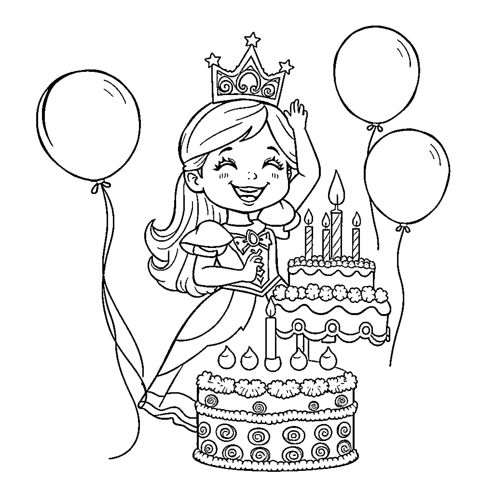 Princess Celebrates Birthday with Cake and Balloons Coloring Page (free black-and-white line drawing printable PDF for all, from beginners to advanced learners, including children, teens, adults, and seniors)