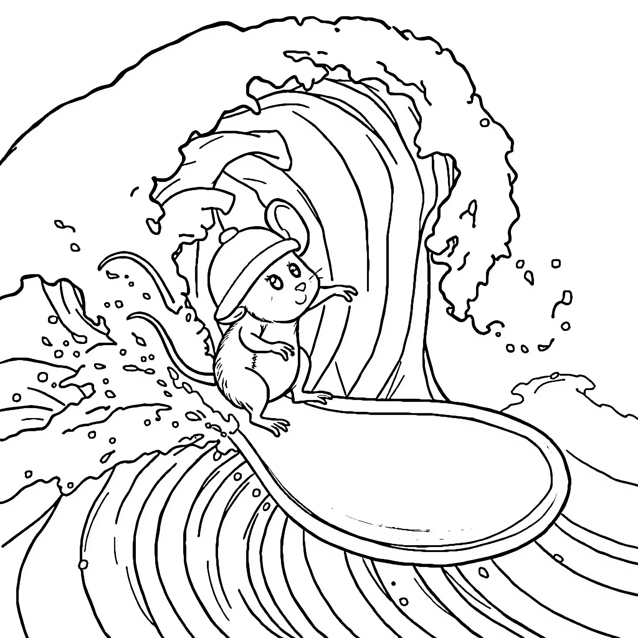 Stuart Little surfing the giant wave Coloring Page (free black-and-white line drawing printable PDF for all, from beginners to advanced learners, including children, teens, adults, and seniors)