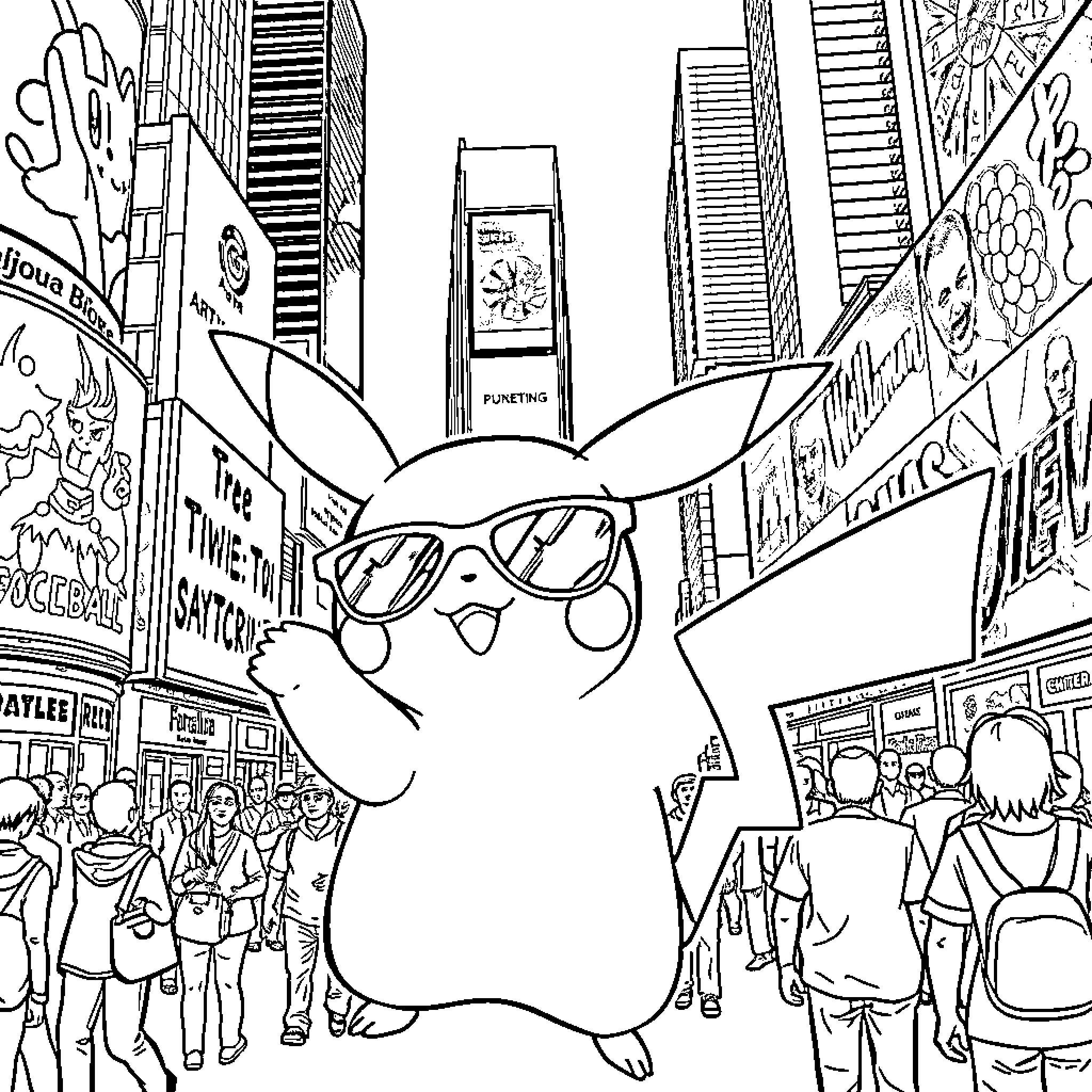 Pikachu exploring the bustling city streets Coloring Page (free black-and-white line drawing printable PDF for all, from beginners to advanced learners, including children, teens, adults, and seniors)