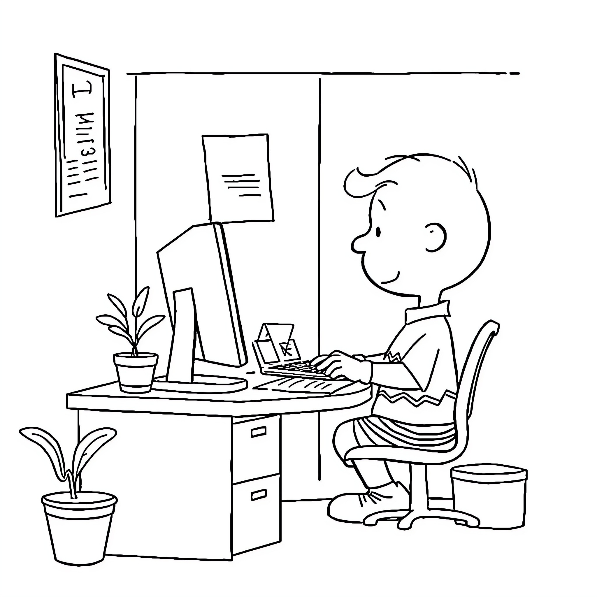 Charlie Brown working diligently at his desk Coloring Page (free black-and-white line drawing printable PDF for all, from beginners to advanced learners, including children, teens, adults, and seniors)