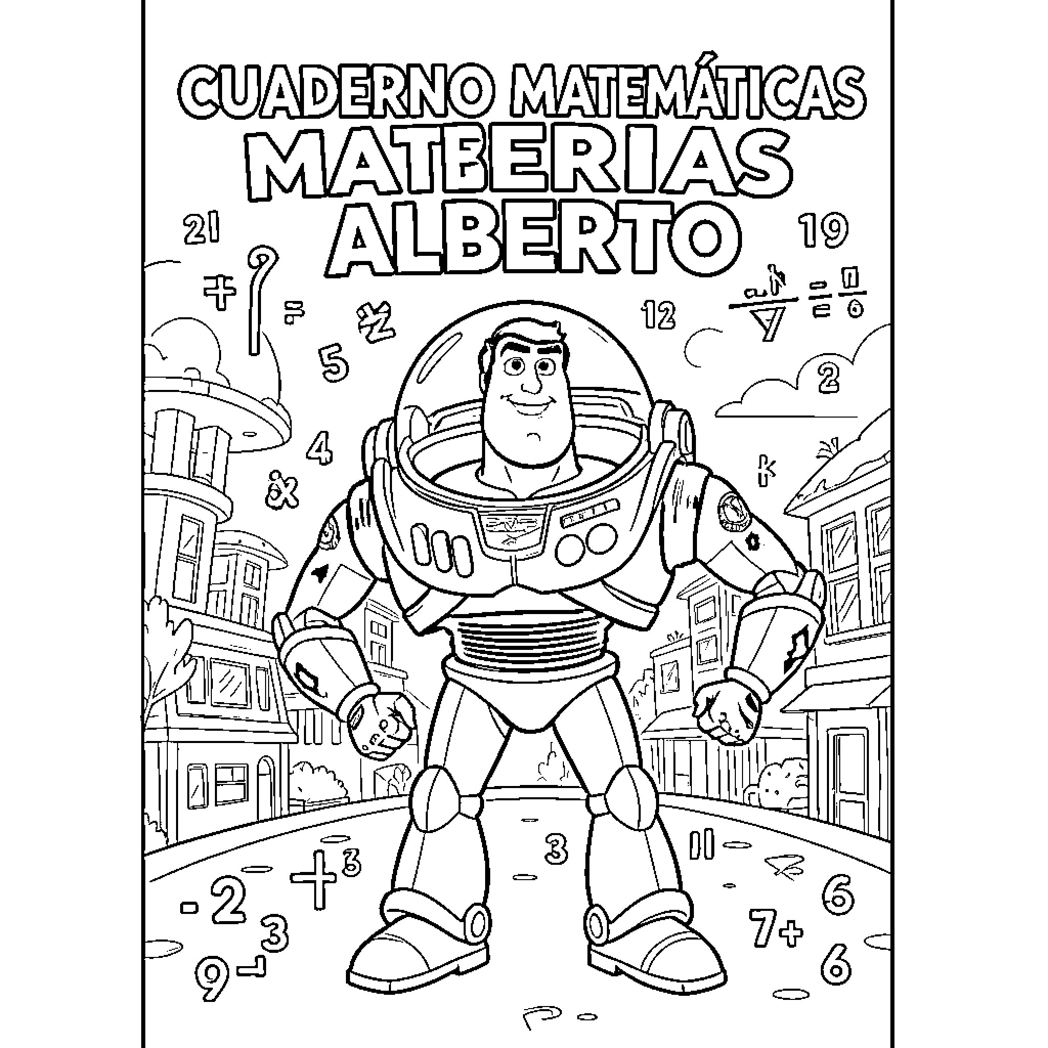 Buzz Lightyear posing heroically amidst floating mathematical numbers Coloring Page (free black-and-white line drawing printable PDF for all, from beginners to advanced learners, including children, teens, adults, and seniors)