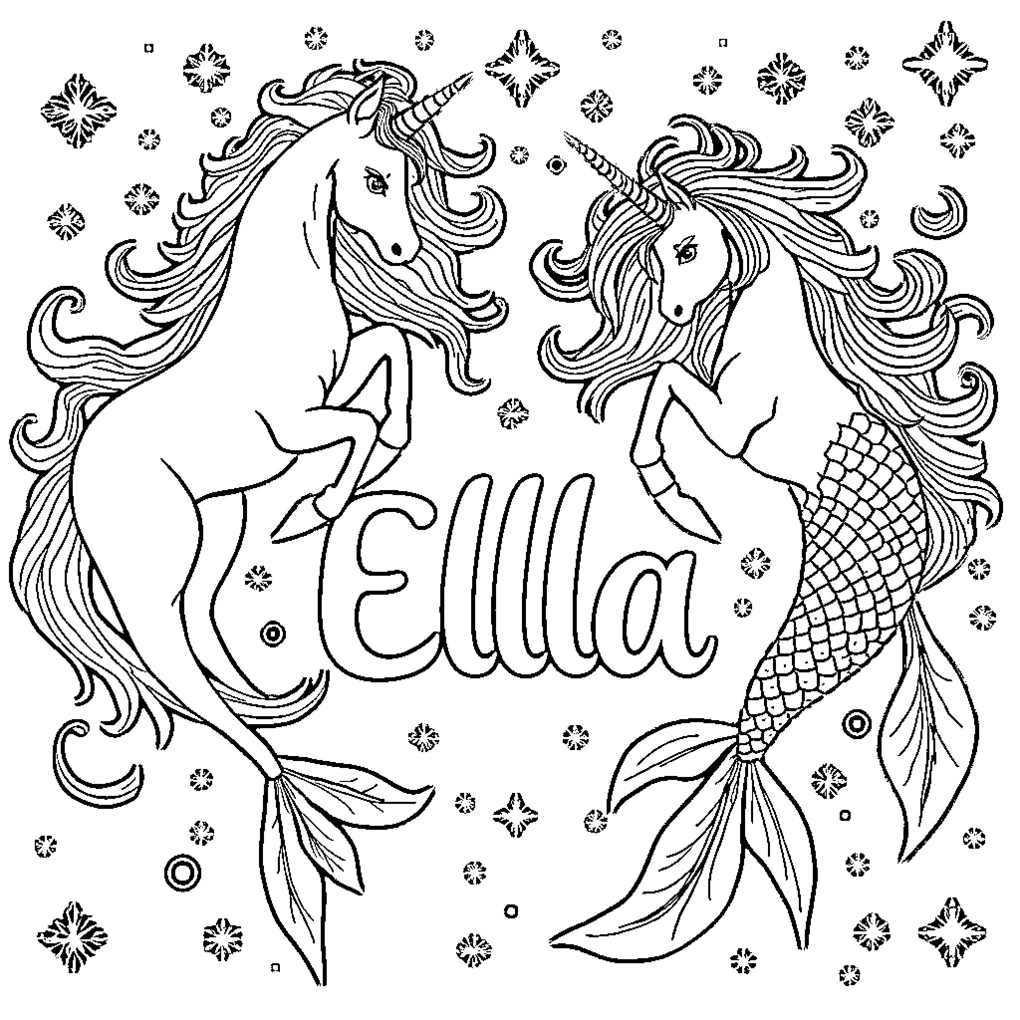 Ella's Magical Unicorn and Mermaid Fantasy Coloring Page (free black-and-white line drawing printable PDF for all, from beginners to advanced learners, including children, teens, adults, and seniors)