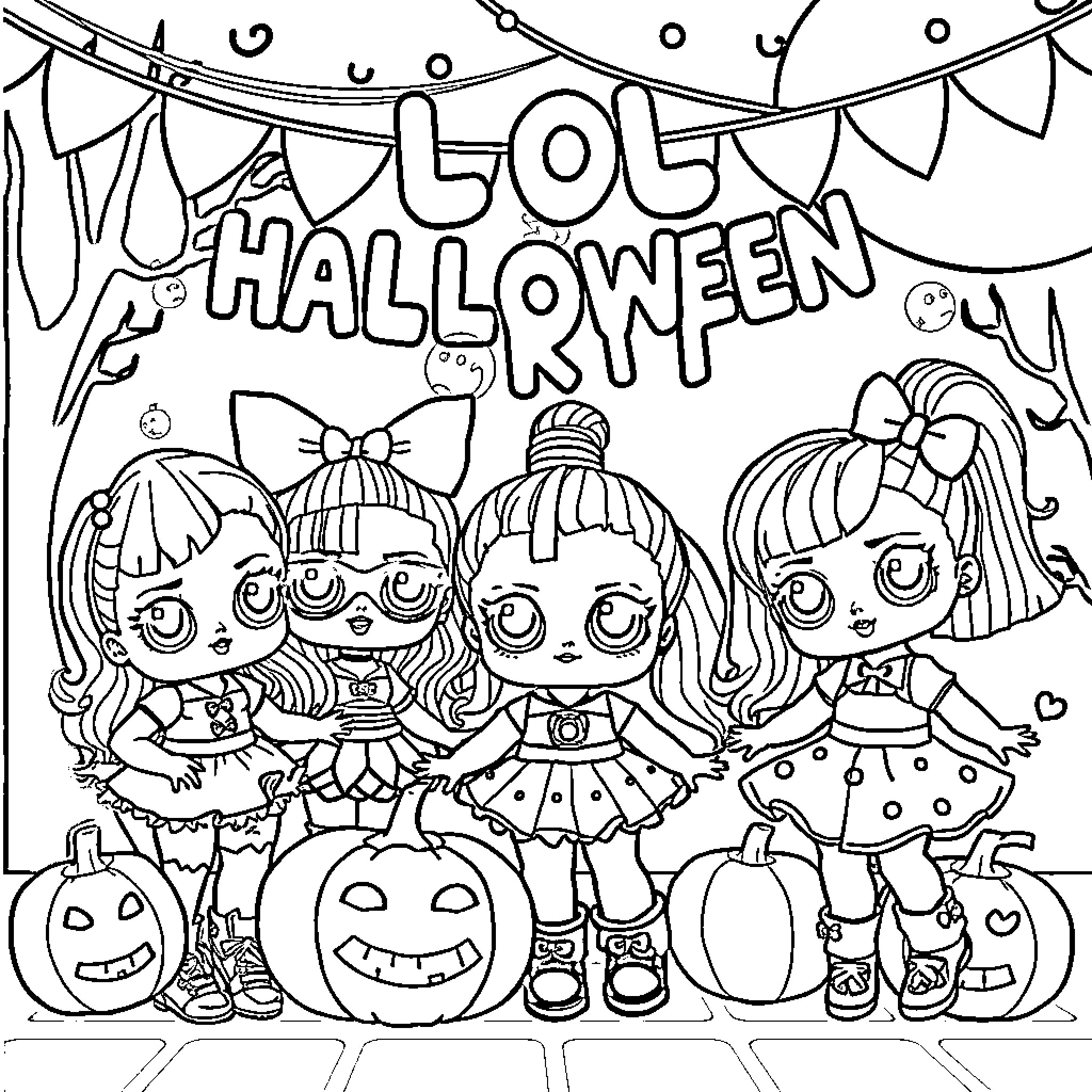 Lol Dolls Having a Halloween Party Coloring Page (free black-and-white line drawing printable PDF for all, from beginners to advanced learners, including children, teens, adults, and seniors)