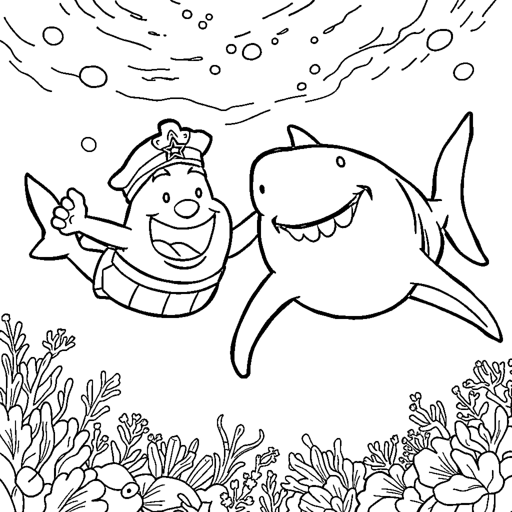 Captain Underpants' Underwater Adventure with Friendly Shark Coloring Page (free black-and-white line drawing printable PDF for all, from beginners to advanced learners, including children, teens, adults, and seniors)