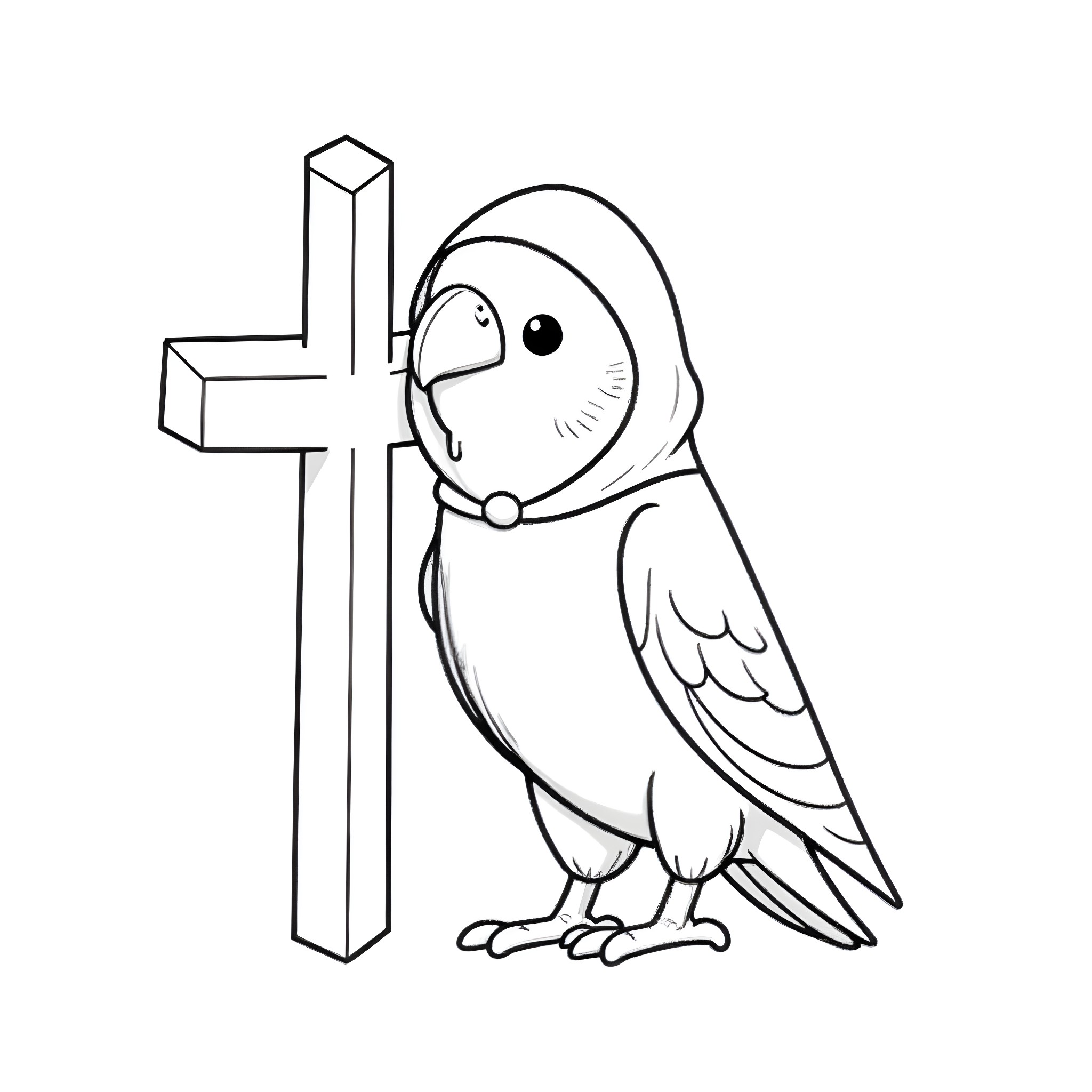 Parakeet perched on a cross Coloring Page (free black-and-white line drawing printable PDF for all, from beginners to advanced learners, including children, teens, adults, and seniors)
