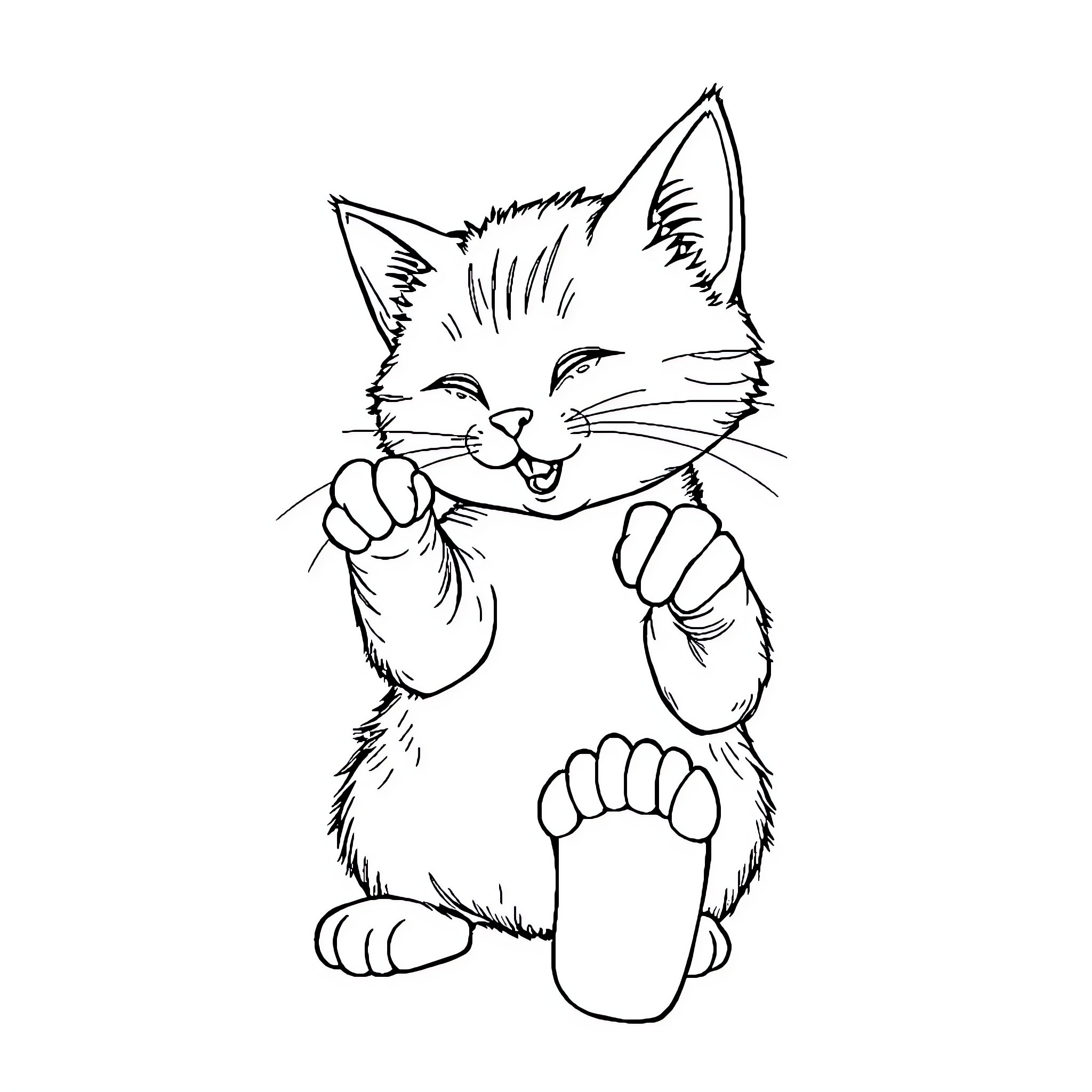 Cat playing with its paws Coloring Page (free black-and-white line drawing printable PDF for all, from beginners to advanced learners, including children, teens, adults, and seniors)
