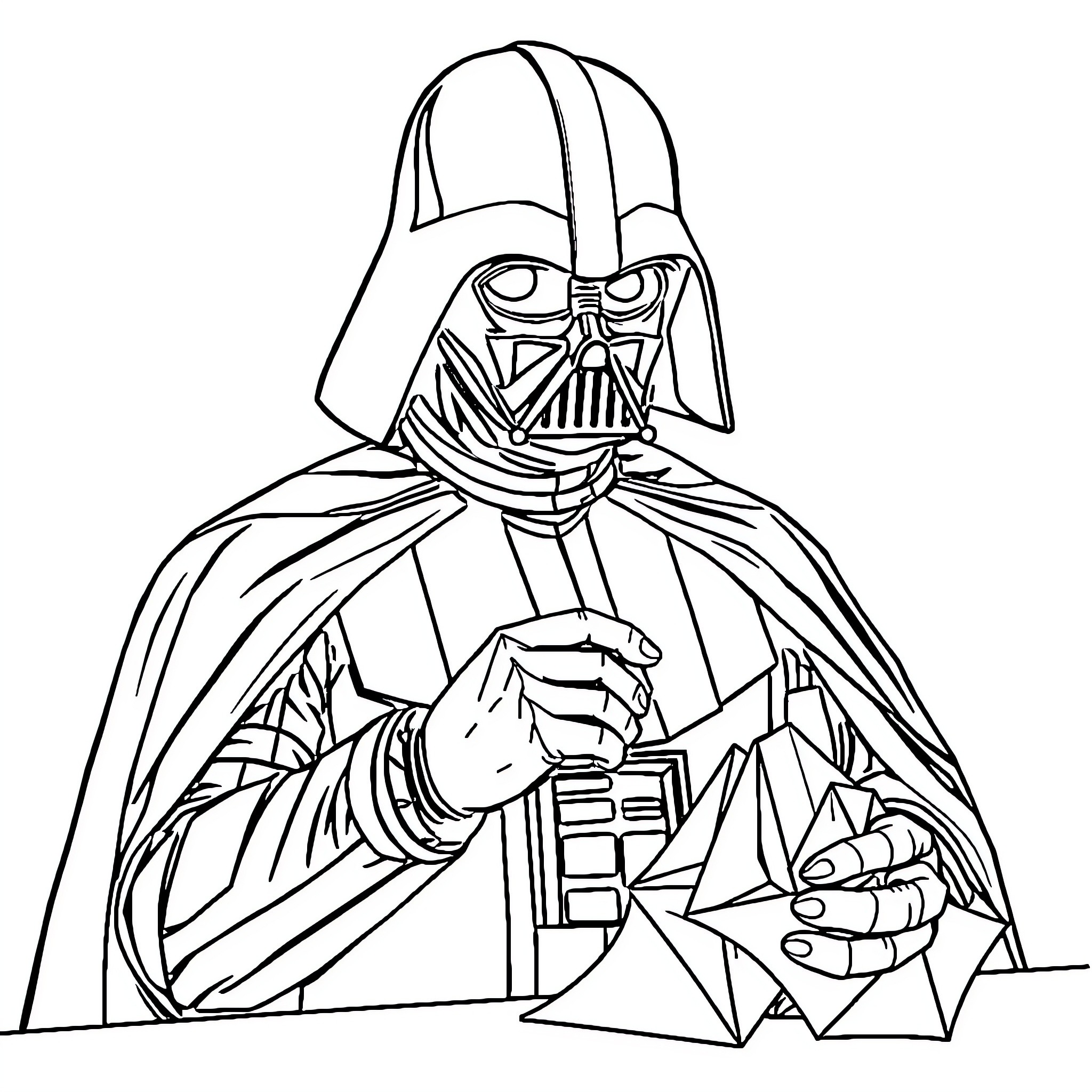 Darth Vader's Iconic Presence Amid Galactic Conflict Coloring Page (free black-and-white line drawing printable PDF for all, from beginners to advanced learners, including children, teens, adults, and seniors)