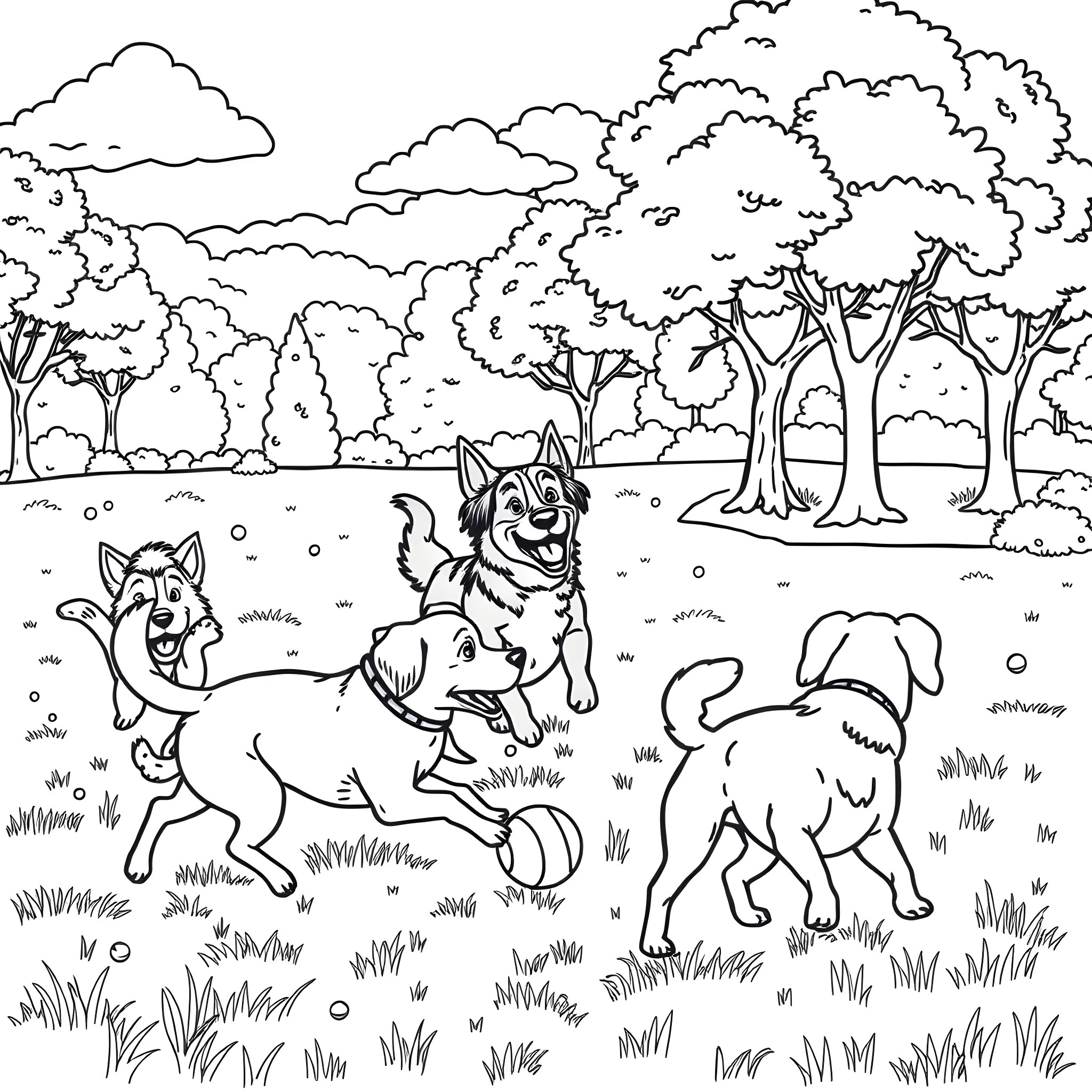 Dogs playing together in a forest Coloring Page (free black-and-white line drawing printable PDF for all, from beginners to advanced learners, including children, teens, adults, and seniors)