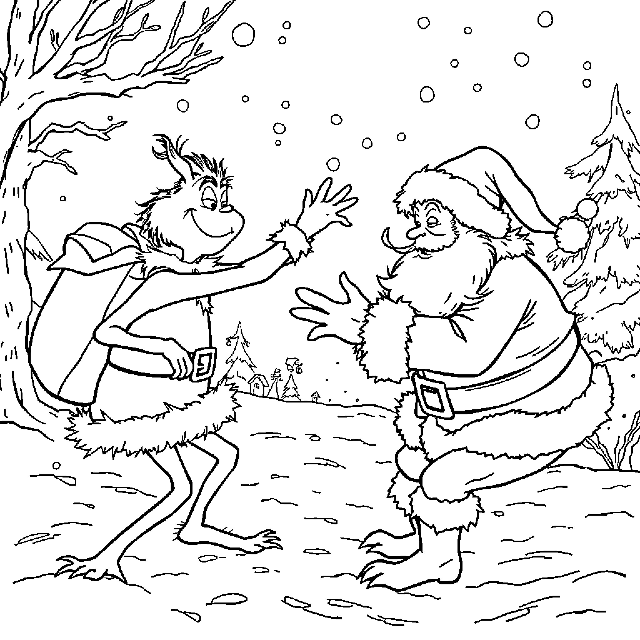 Santa and Grinch Exchanging Gifts in Winter Wonderland Coloring Page (free black-and-white line drawing printable PDF for all, from beginners to advanced learners, including children, teens, adults, and seniors)