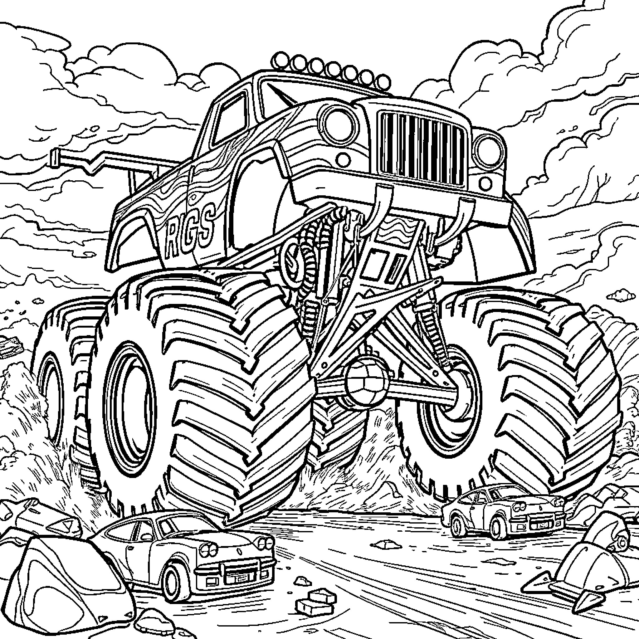Monster Truck racing through rugged terrain Coloring Page (free black-and-white line drawing printable PDF for all, from beginners to advanced learners, including children, teens, adults, and seniors)