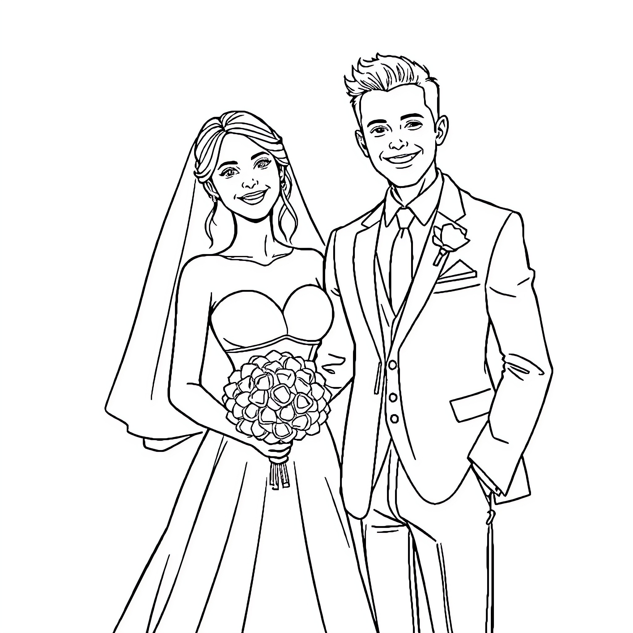 Bride and Groom Celebrating Their Wedding Day Coloring Page (free black-and-white line drawing printable PDF for all, from beginners to advanced learners, including children, teens, adults, and seniors)
