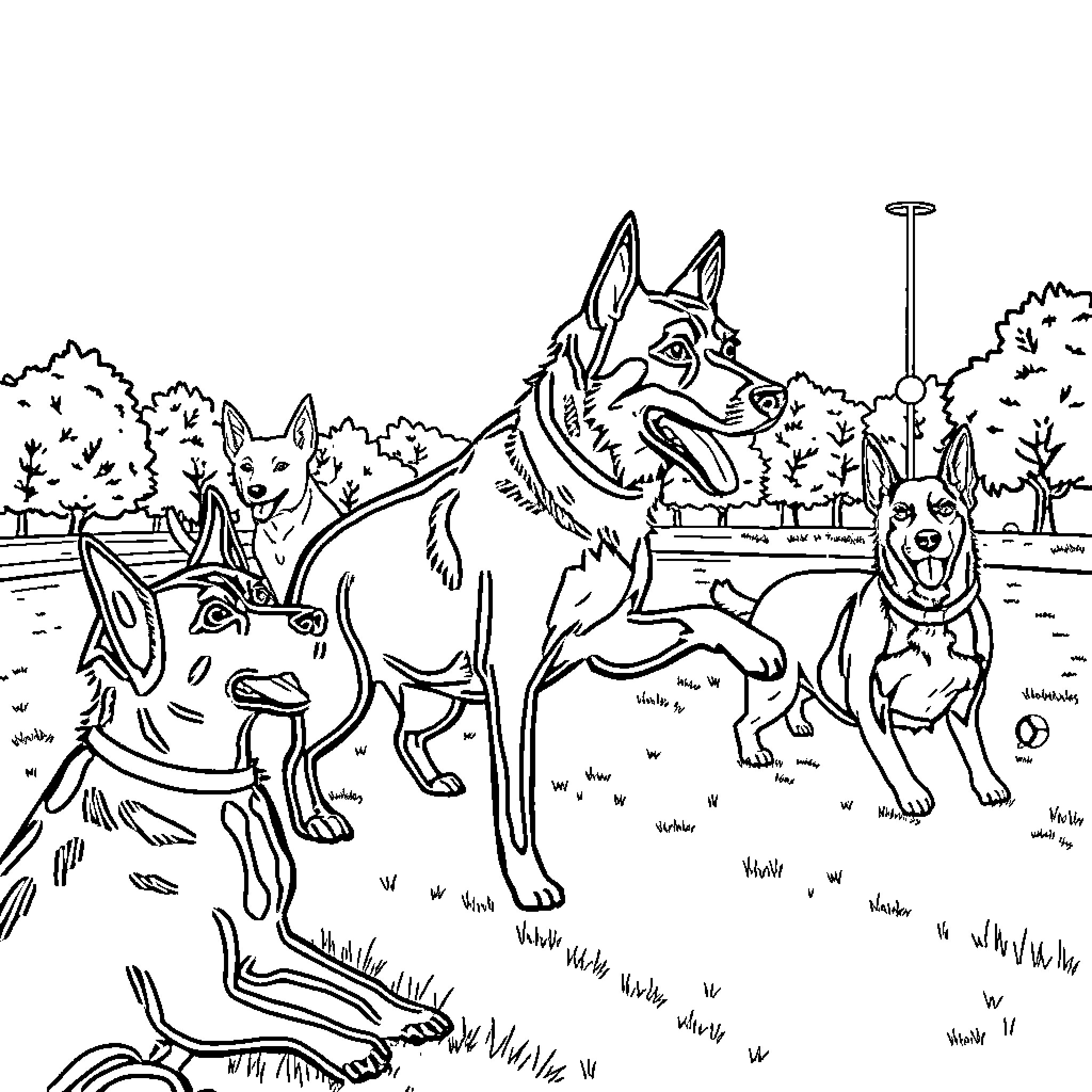 Dog pack enjoying the outdoors together Coloring Page (free black-and-white line drawing printable PDF for all, from beginners to advanced learners, including children, teens, adults, and seniors)