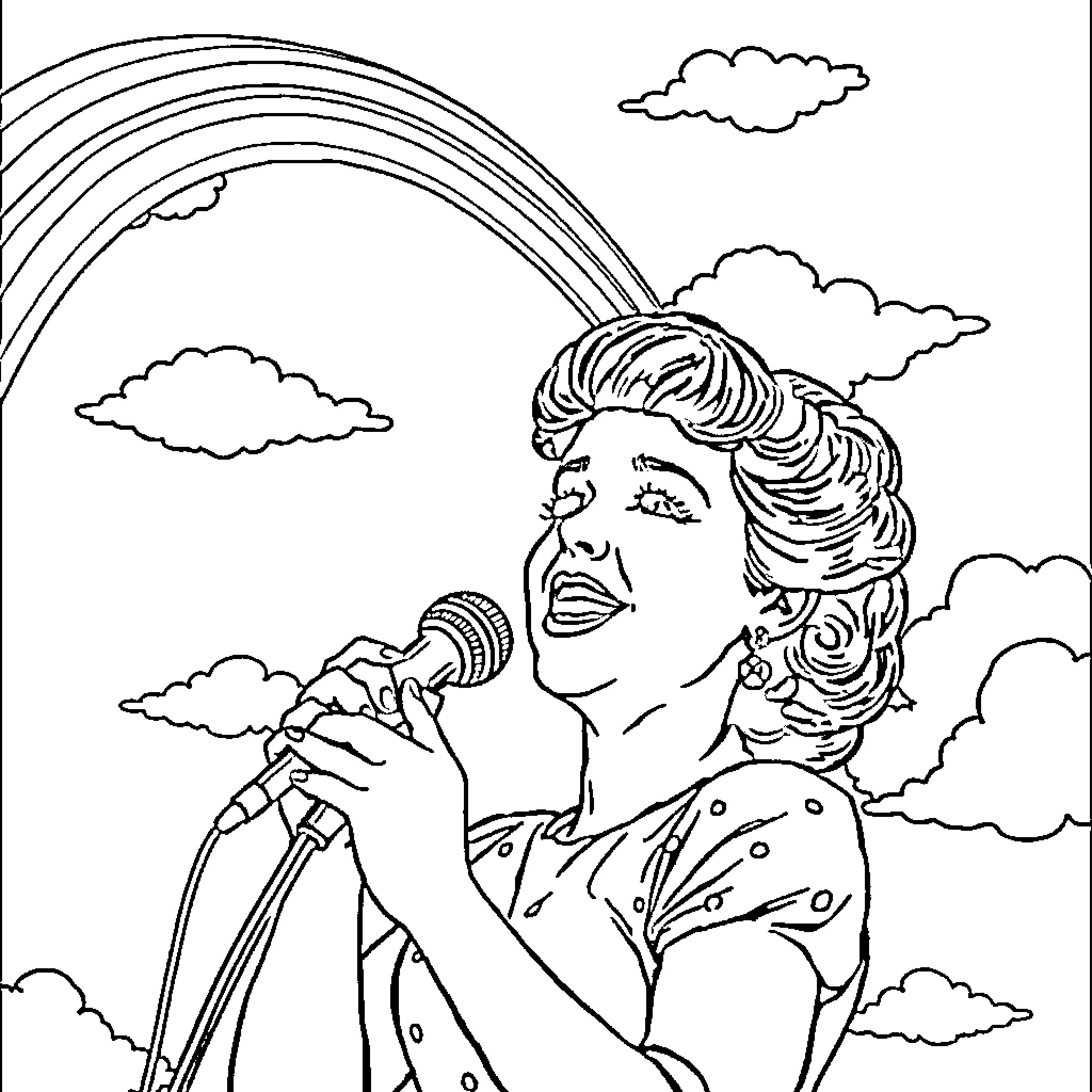 Judy Garland Singing On Stage With Rainbows Coloring Page (free black-and-white line drawing printable PDF for all, from beginners to advanced learners, including children, teens, adults, and seniors)