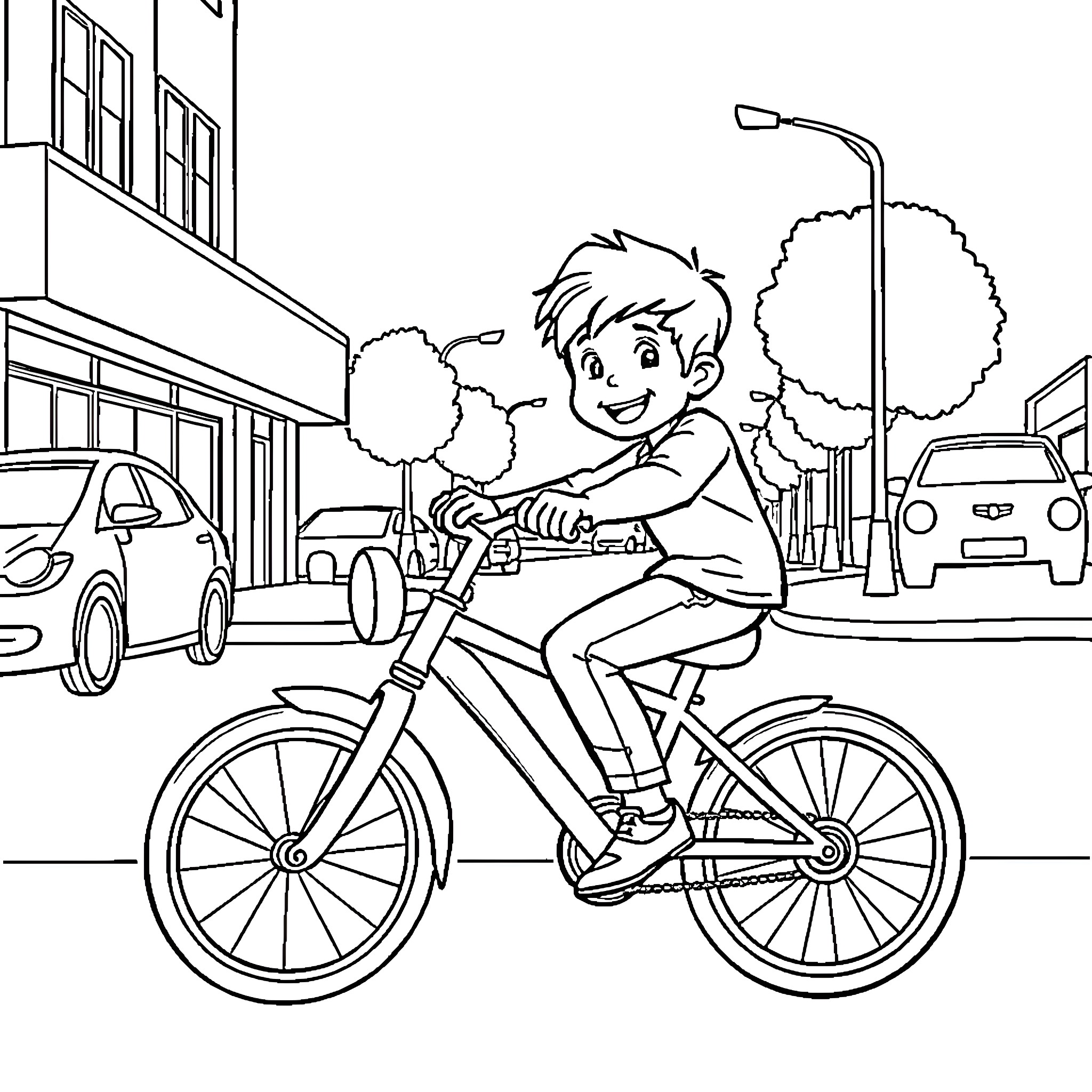 Kid riding bicycle on city street Coloring Page (free black-and-white line drawing printable PDF for all, from beginners to advanced learners, including children, teens, adults, and seniors)
