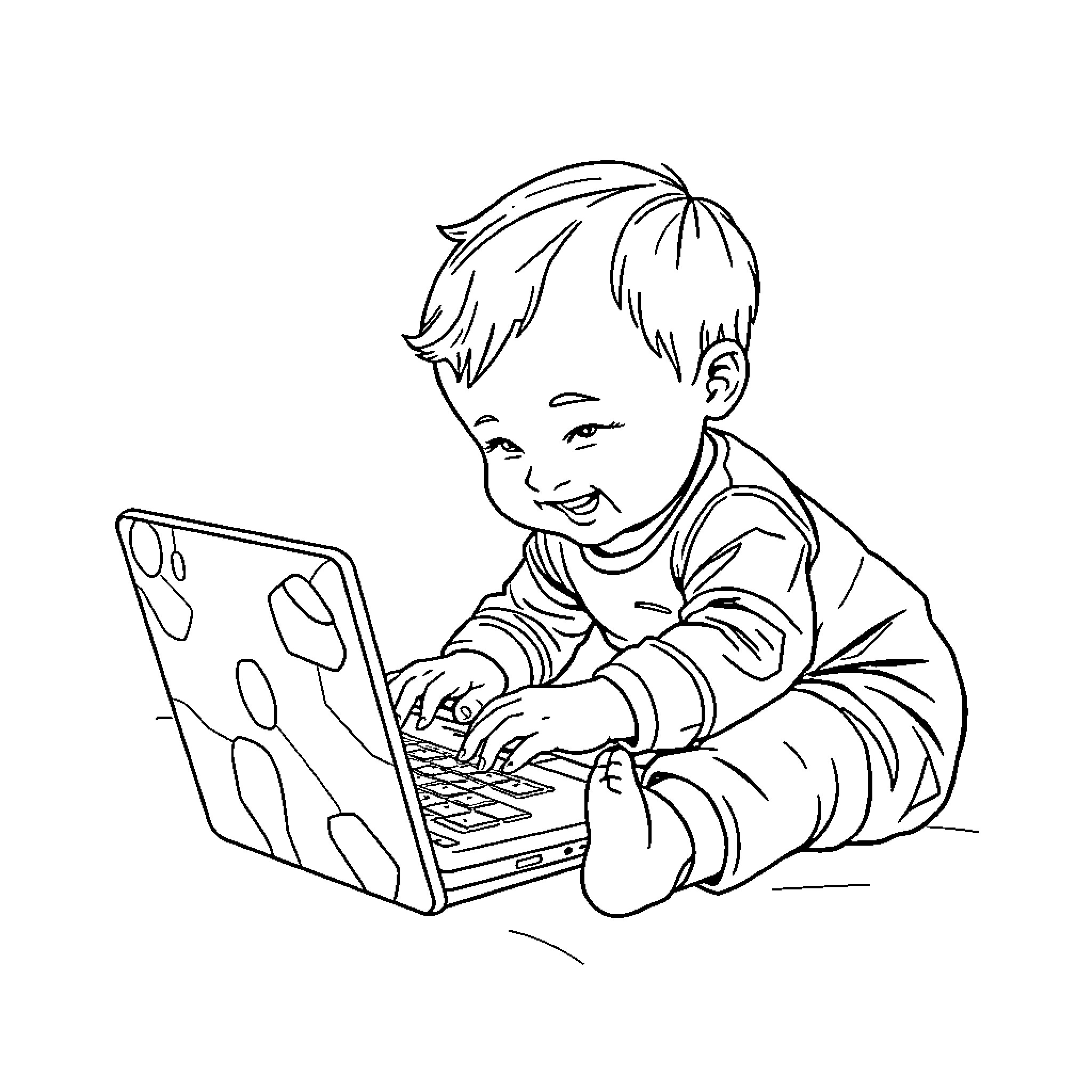 Baby playing happily with laptop computer Coloring Page (free black-and-white line drawing printable PDF for all, from beginners to advanced learners, including children, teens, adults, and seniors)