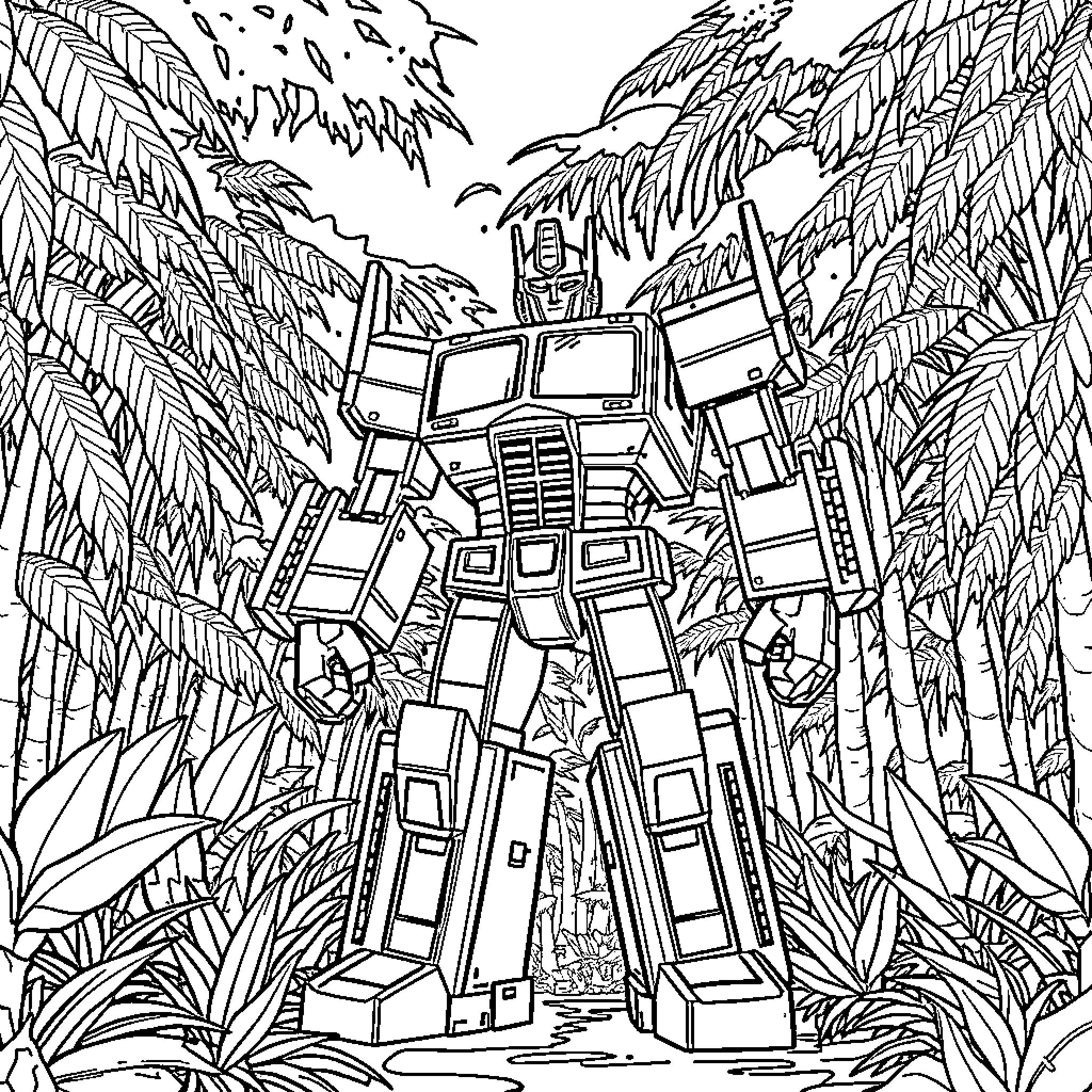 Transformer robot in a lush jungle landscape Coloring Page (free black-and-white line drawing printable PDF for all, from beginners to advanced learners, including children, teens, adults, and seniors)