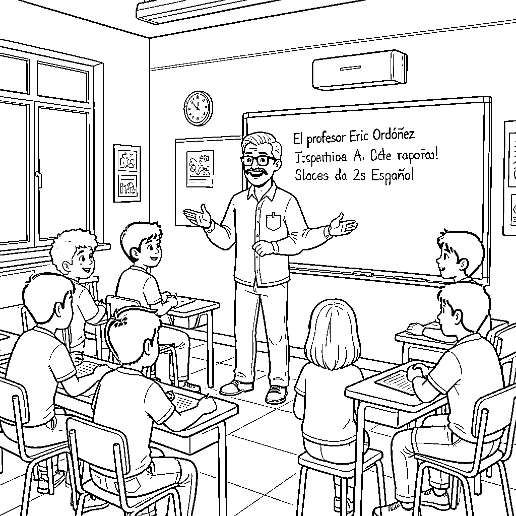 Profesor explaining a lesson to students in a classroom Coloring Page (free black-and-white line drawing printable PDF for all, from beginners to advanced learners, including children, teens, adults, and seniors)
