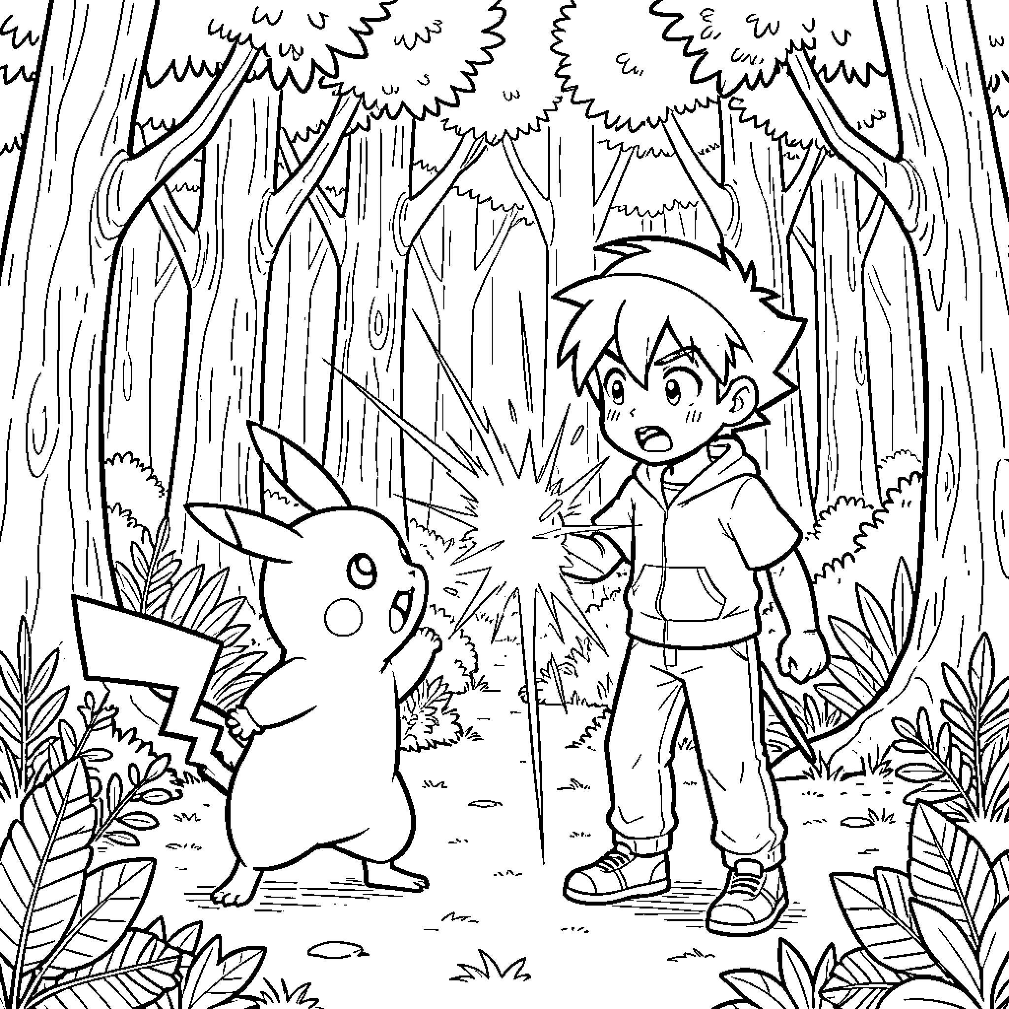 Ash and Pikachu facing a bright energy burst in woods Coloring Page (free black-and-white line drawing printable PDF for all, from beginners to advanced learners, including children, teens, adults, and seniors)