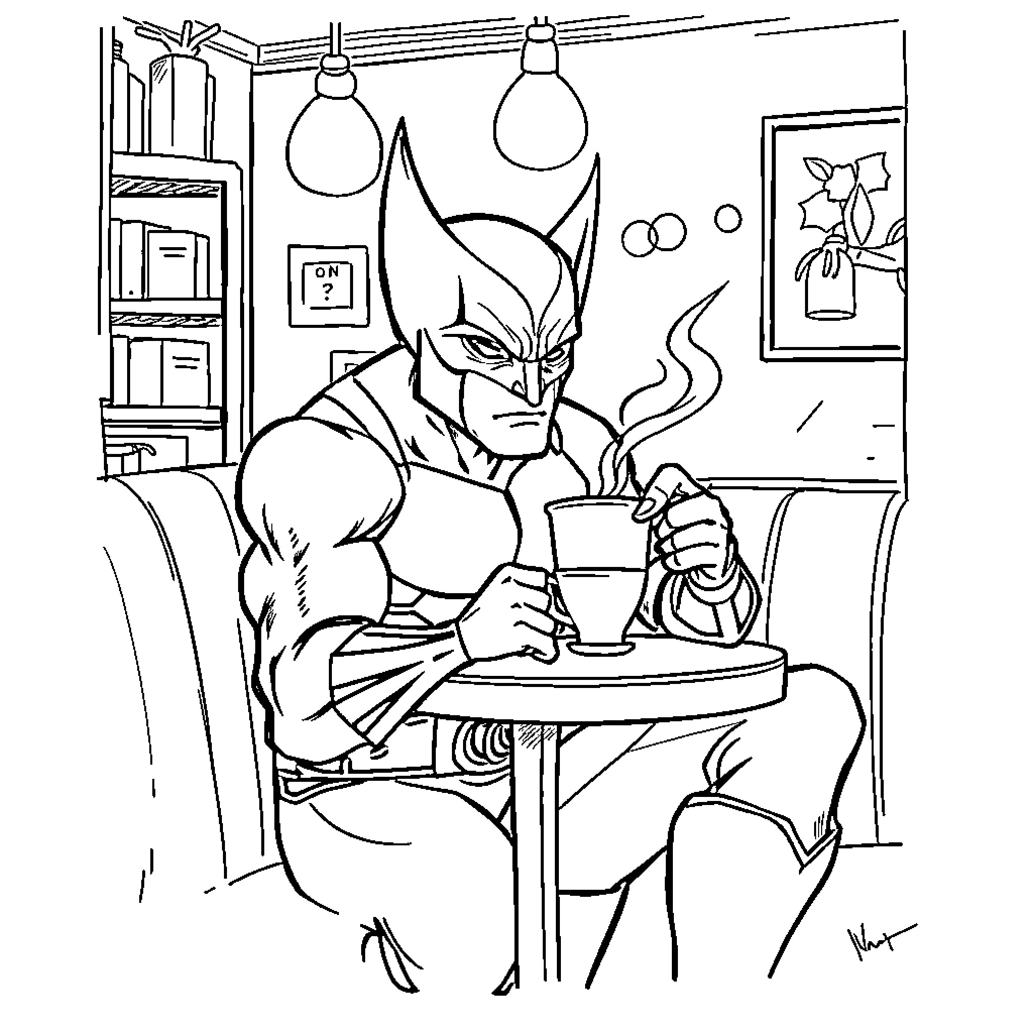 Wolverine relaxing with a cup of coffee Coloring Page (free black-and-white line drawing printable PDF for all, from beginners to advanced learners, including children, teens, adults, and seniors)