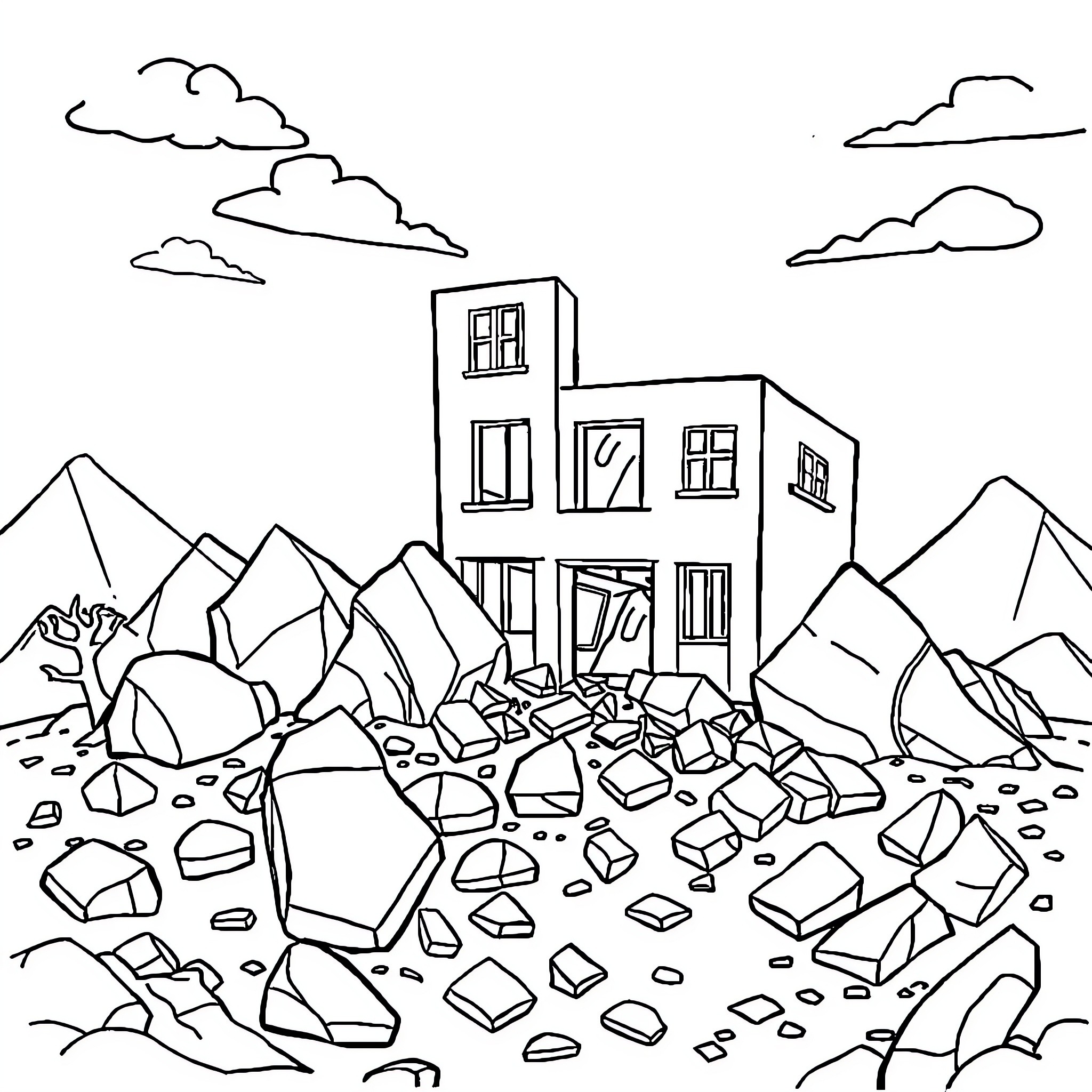 Seismic Destruction in the Mountainous Landscape Coloring Page (free black-and-white line drawing printable PDF for all, from beginners to advanced learners, including children, teens, adults, and seniors)