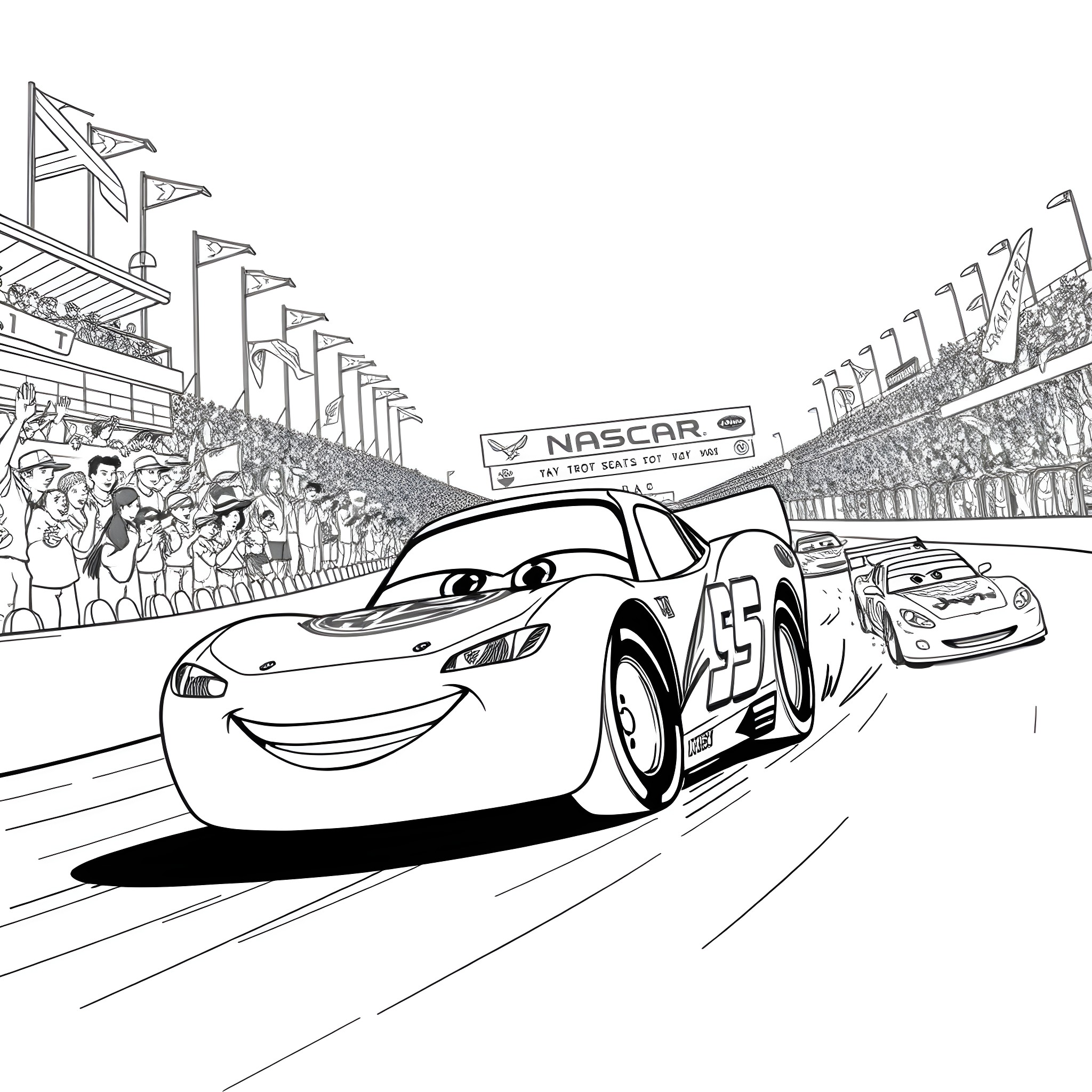 Lightning McQueen racing on NASCAR track with spectators Coloring Page (free black-and-white line drawing printable PDF for all, from beginners to advanced learners, including children, teens, adults, and seniors)