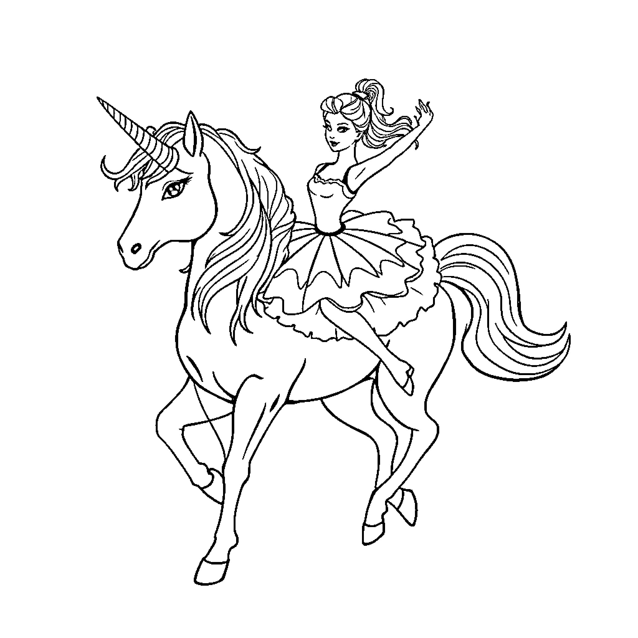 Ballerina dancing gracefully on a unicorn Coloring Page (free black-and-white line drawing printable PDF for all, from beginners to advanced learners, including children, teens, adults, and seniors)