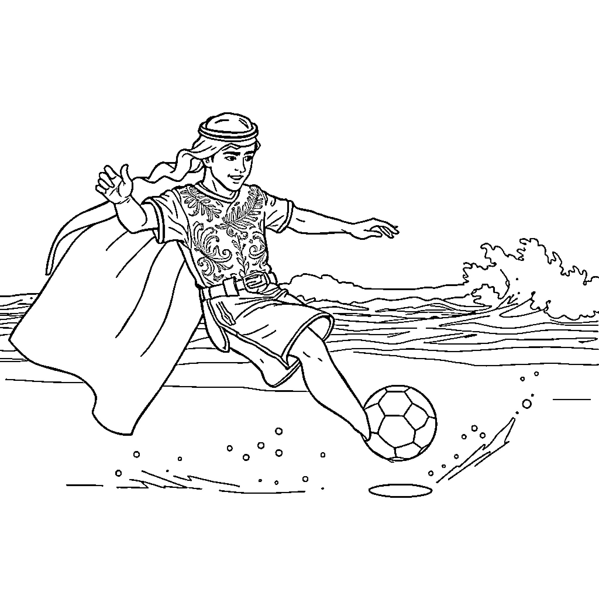 Prince playing soccer on the beach Coloring Page (free black-and-white line drawing printable PDF for all, from beginners to advanced learners, including children, teens, adults, and seniors)